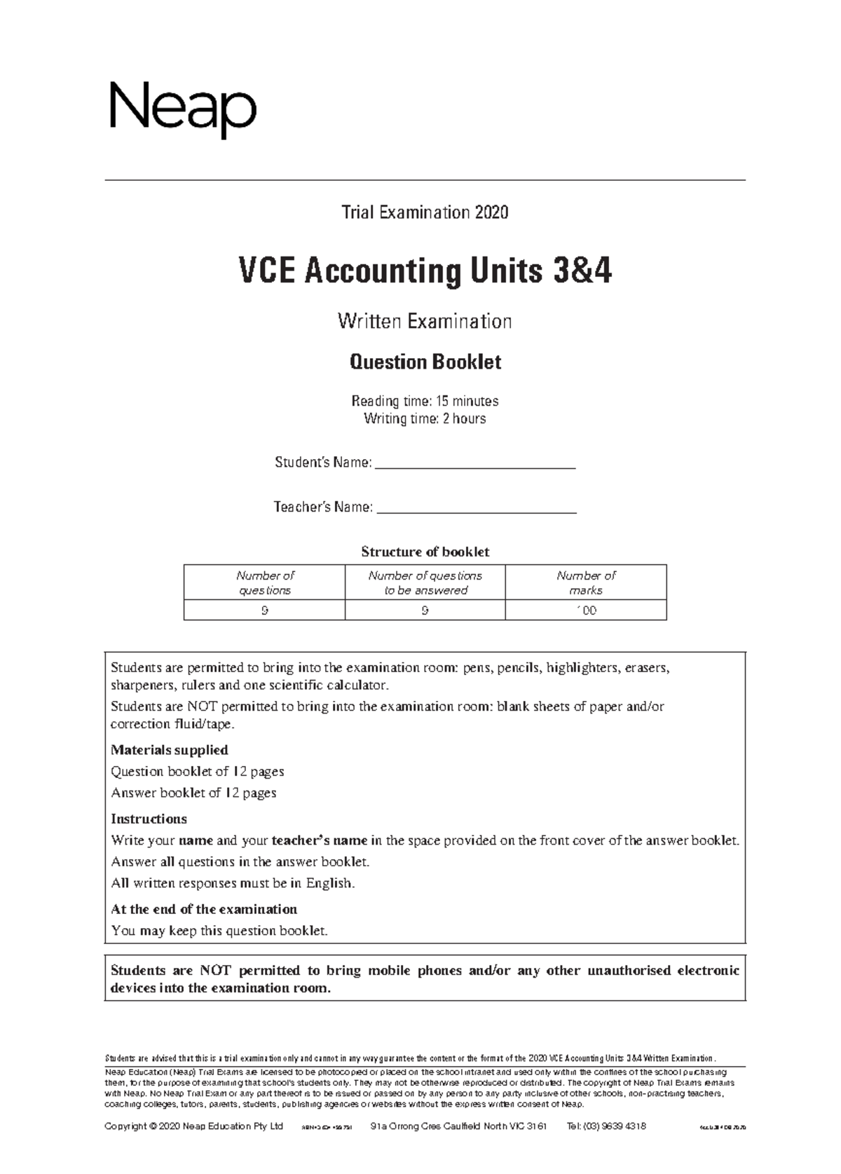 Neap Question Booklet 2020 - Neap Education (Neap) Trial Exams are ...