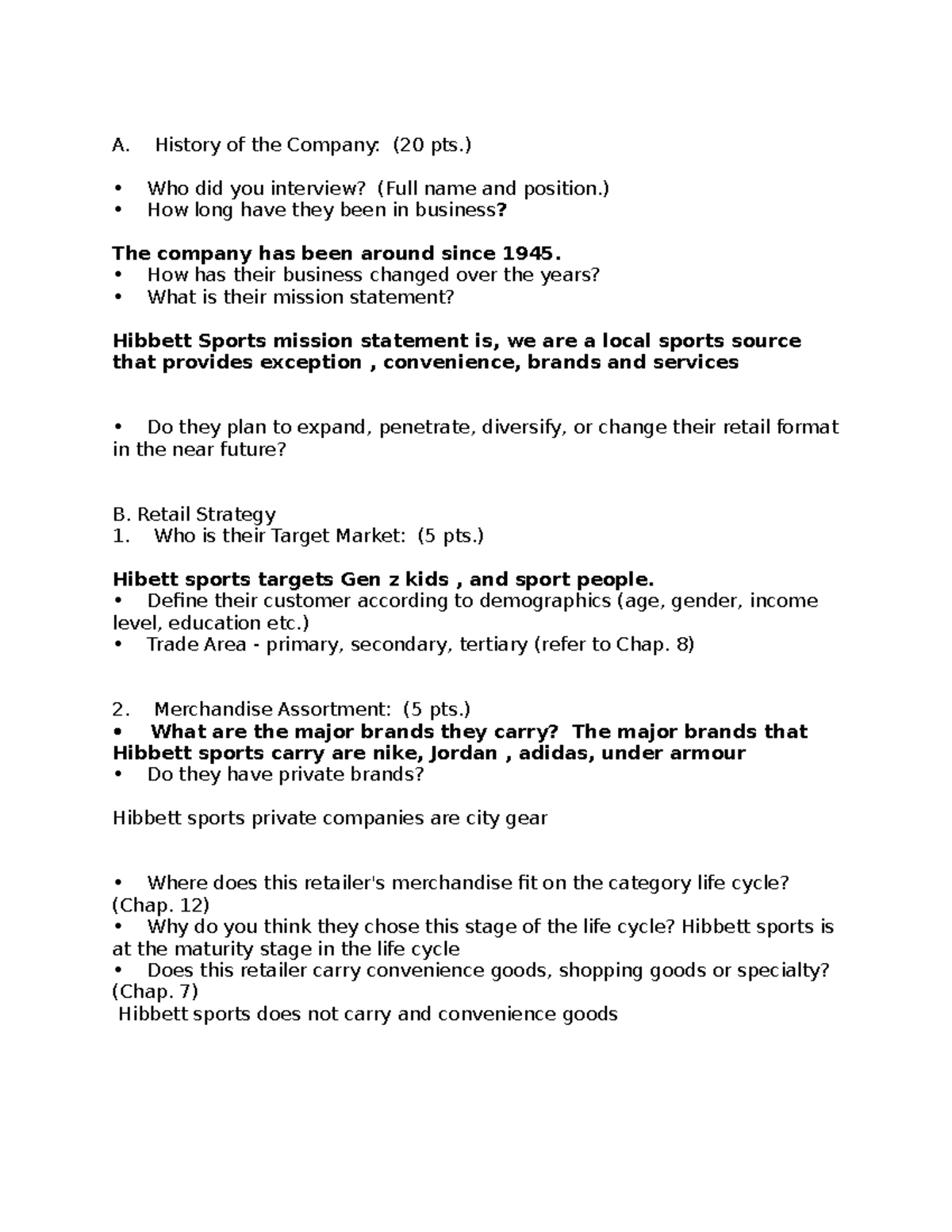 Hibbet sports project - A. History of the Company: (20 pts.) Who did you  interview? (Full name and - StuDocu