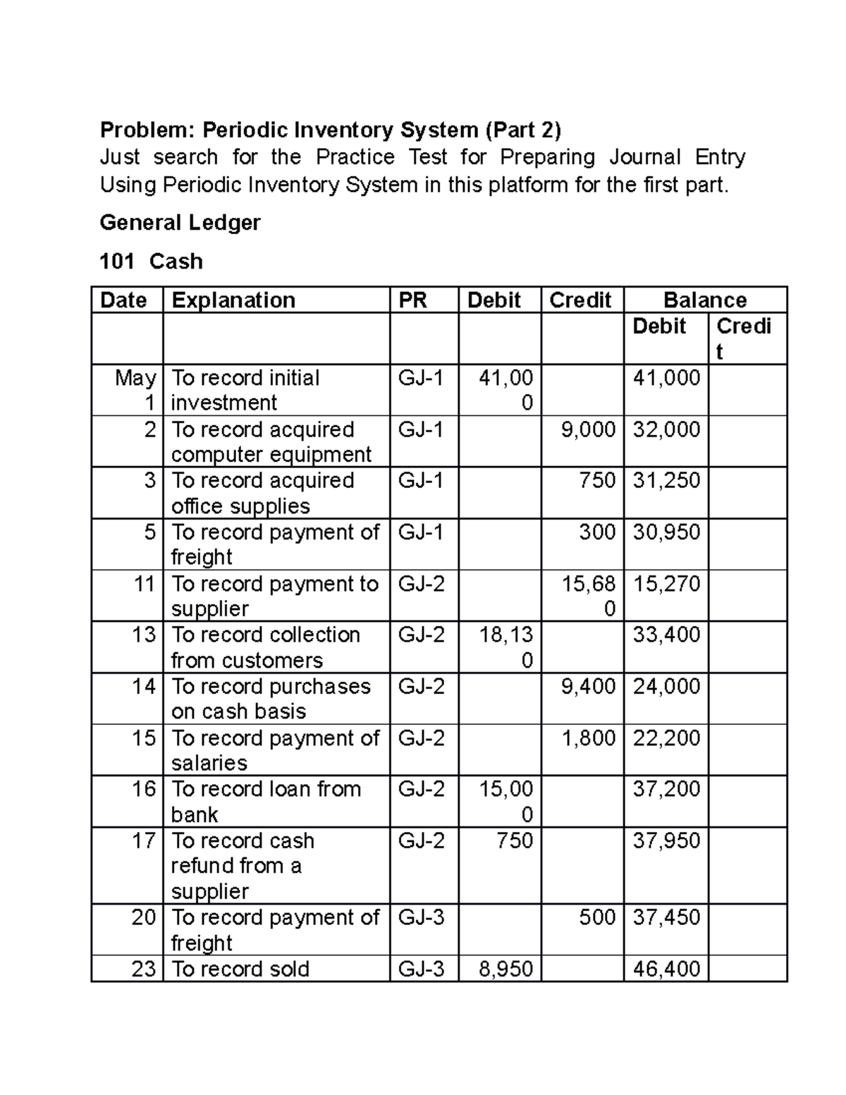 Practice Test For Preparing General Ledger using Periodic Inventory ...