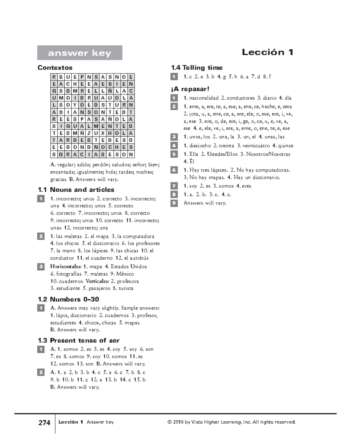 Lesson 1 activity pack answer key 1 - 274 Lección 1 Answer key © 2016 ...