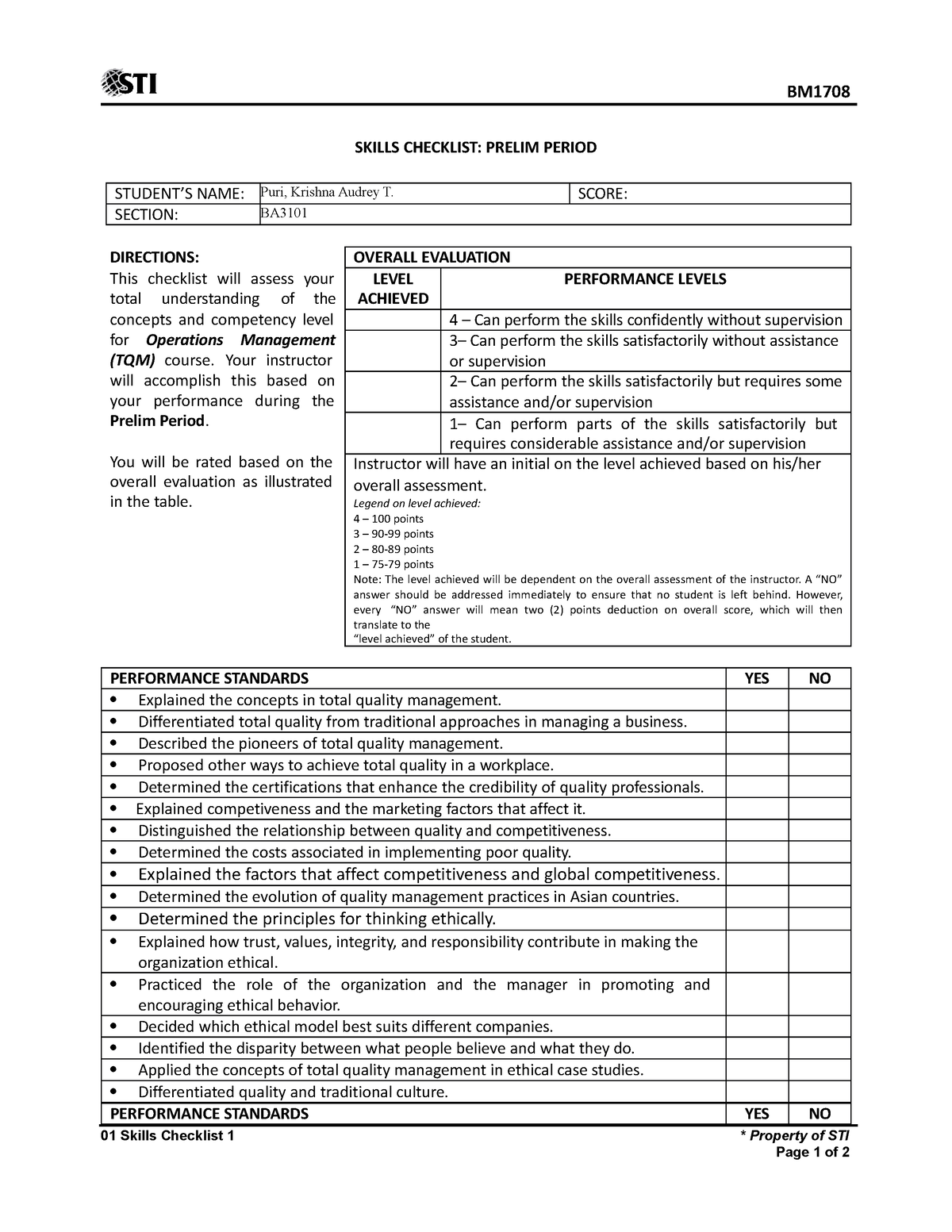 01 Skills Checklist 1 - u can use this - SKILLS CHECKLIST: PRELIM ...