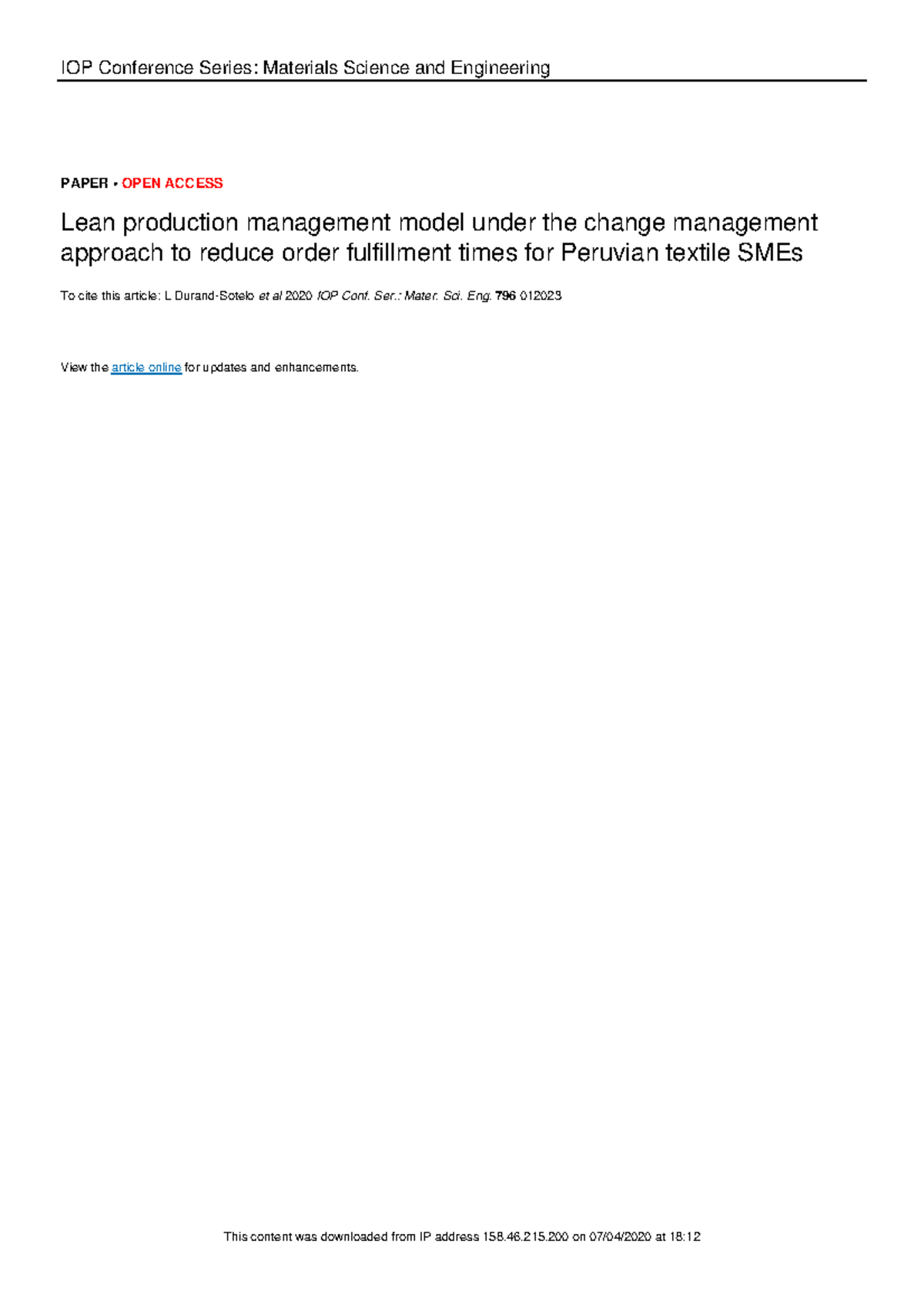 Lean production management model under the change - Ser.: Mater. Sci ...