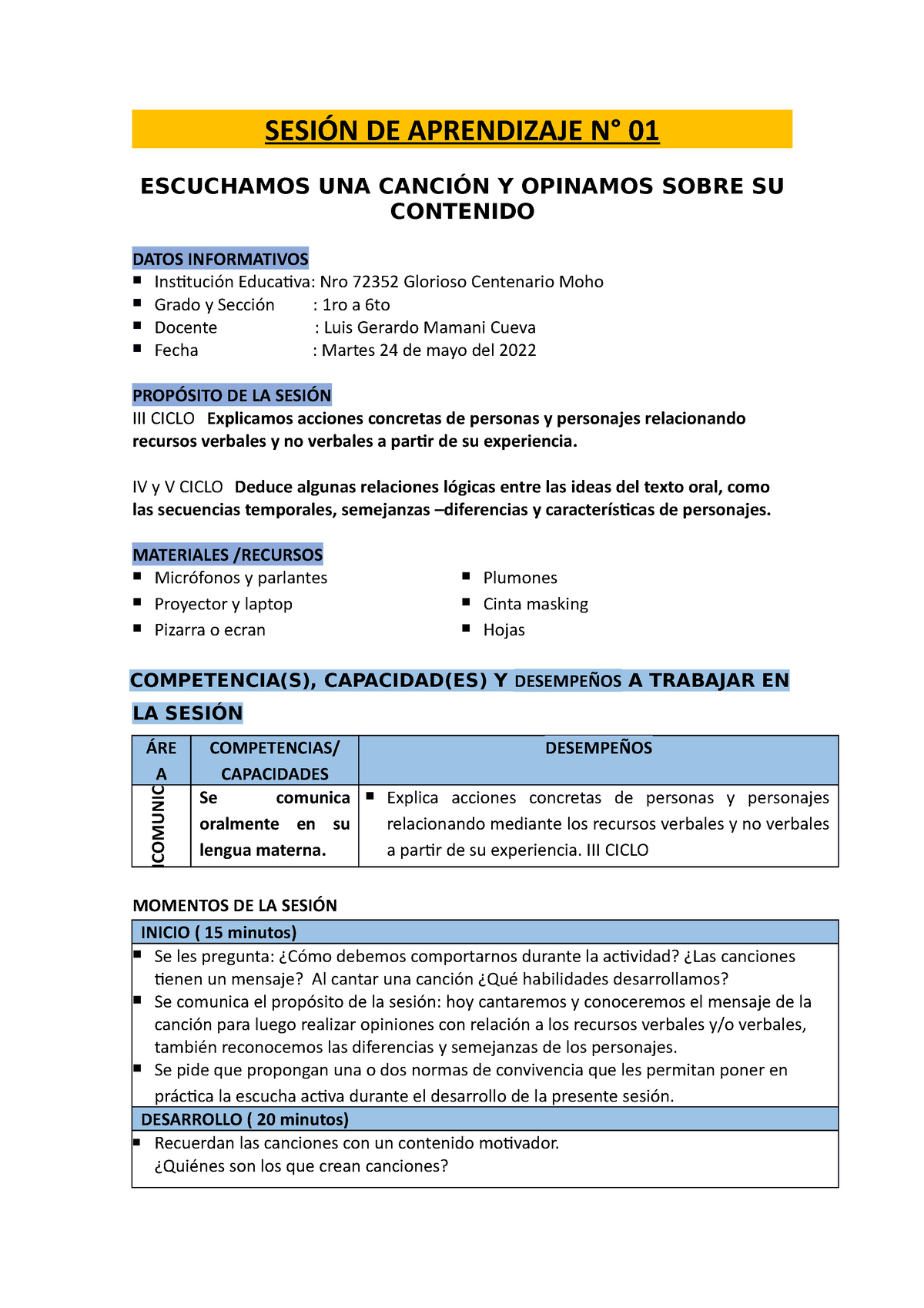 Sesión De Aprendizaje N 01 Luis SesiÓn De Aprendizaje N° 01