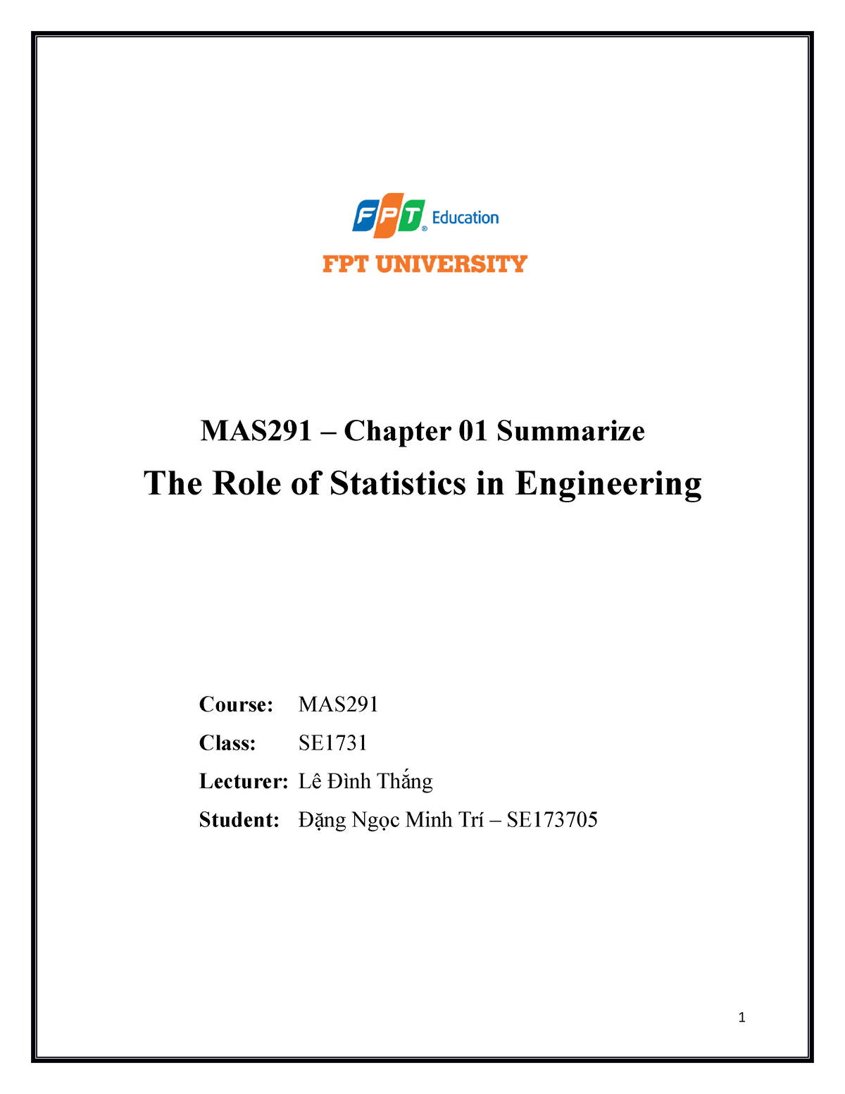 MAS291 Chap1 - MAS291 – Chapter 01 Summarize The Role Of Statistics In ...