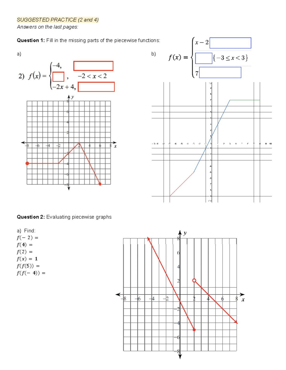 Piecewise Functions Review - SUGGESTED PRACTICE (2 and 4) Answers on ...
