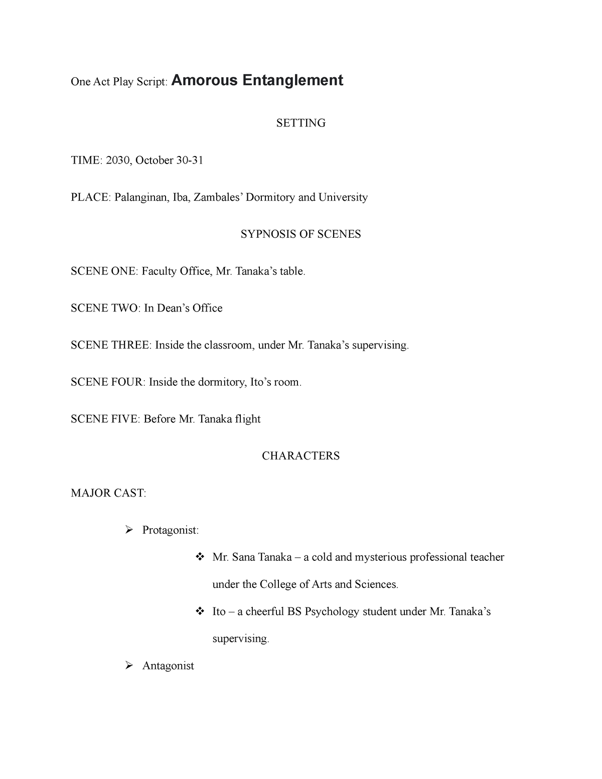 One Act Play Script - Tanaka’s table. SCENE TWO: In Dean’s Office SCENE ...