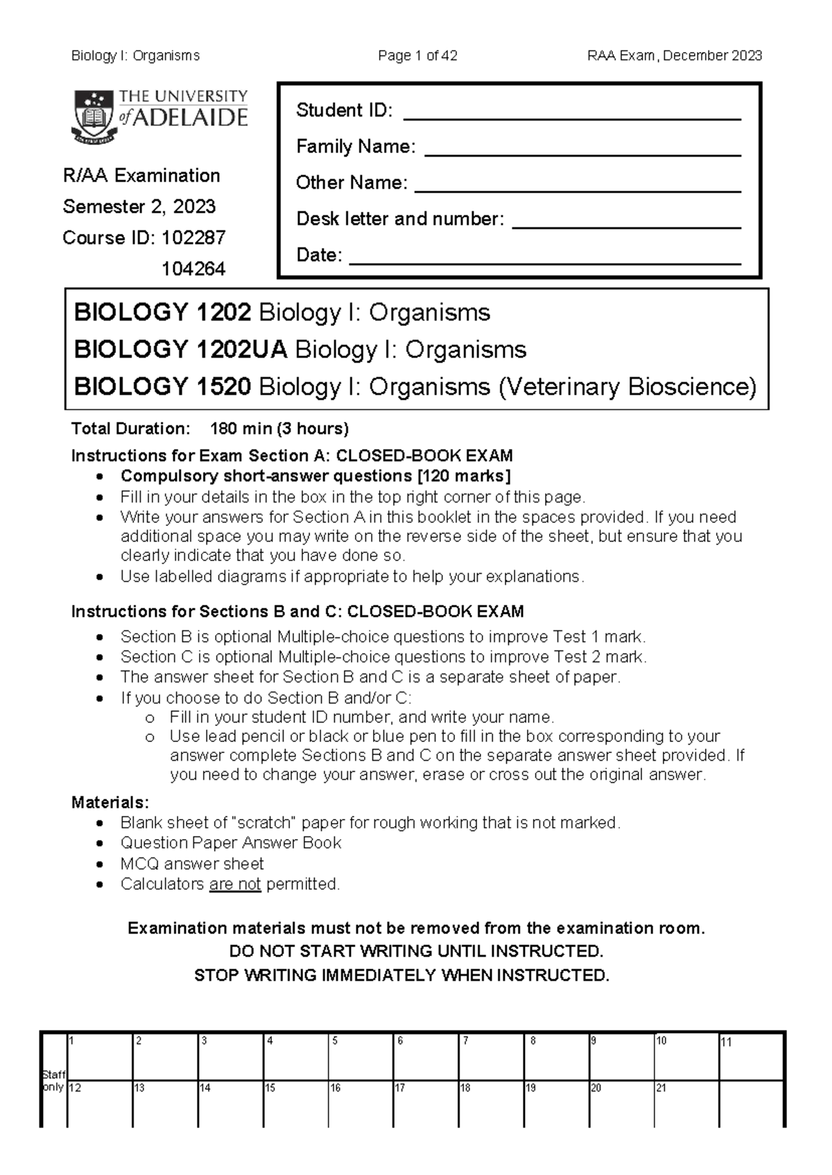 2023 Exam - Section A - Biology I: Organisms Page 1 of 42 RAA Exam ...