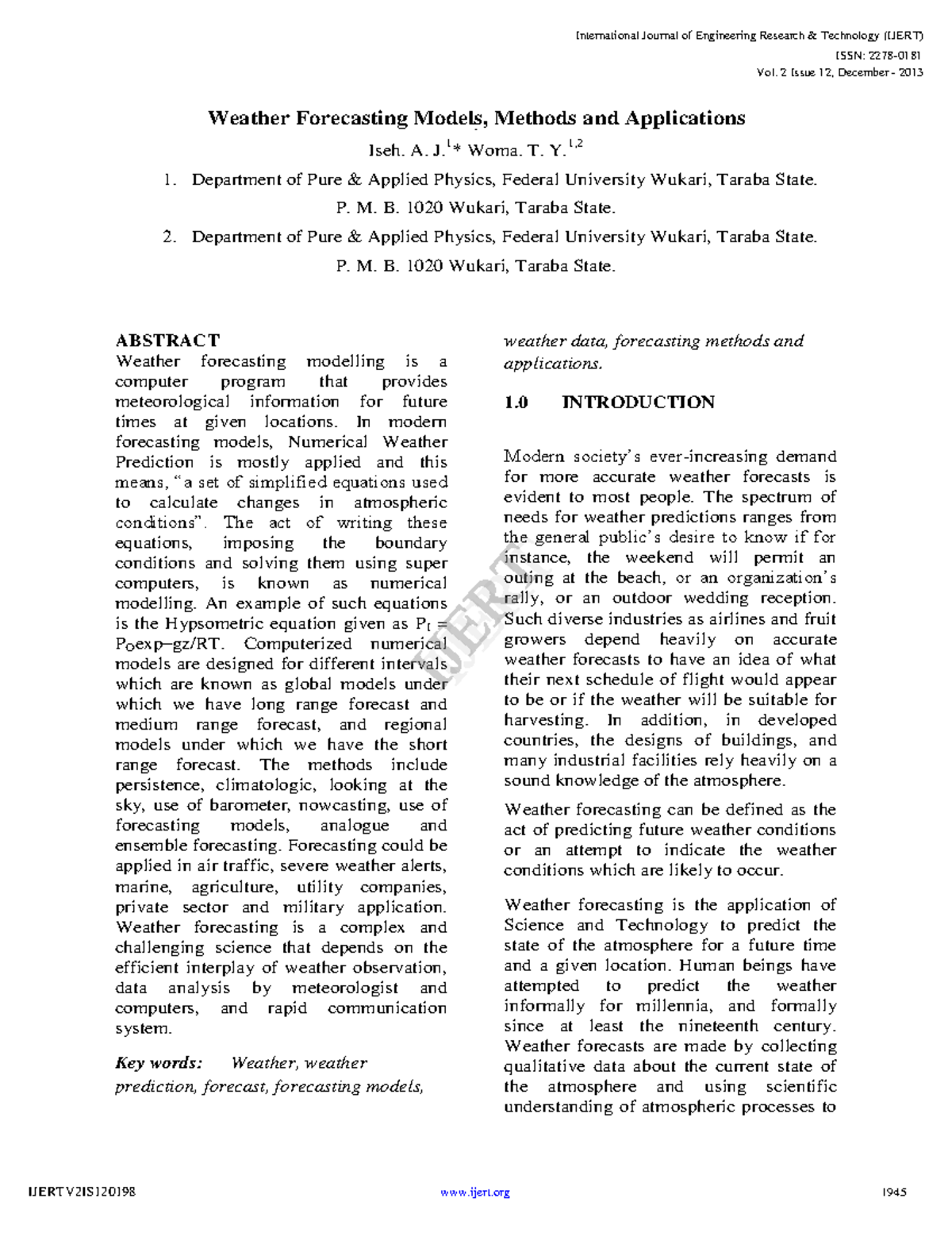 Weather forecasting models methods and applications Ijertv 2IS12019 8 ...