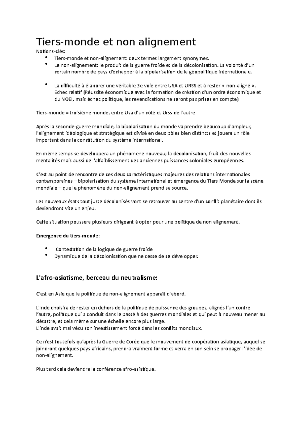 Tiers monde Notes de cours cours 9 Tiersmonde et non alignement Notionsclés Tiersmonde