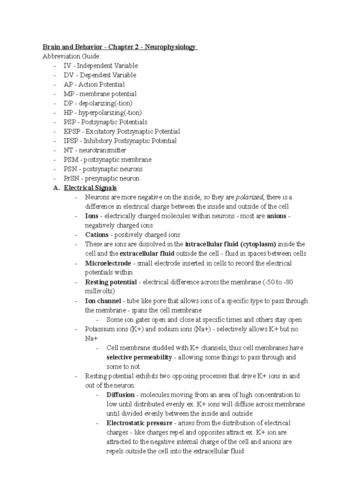 Neurophysiology Abbreviation Guide: Brain and Behavior Chapter 2 - Studocu
