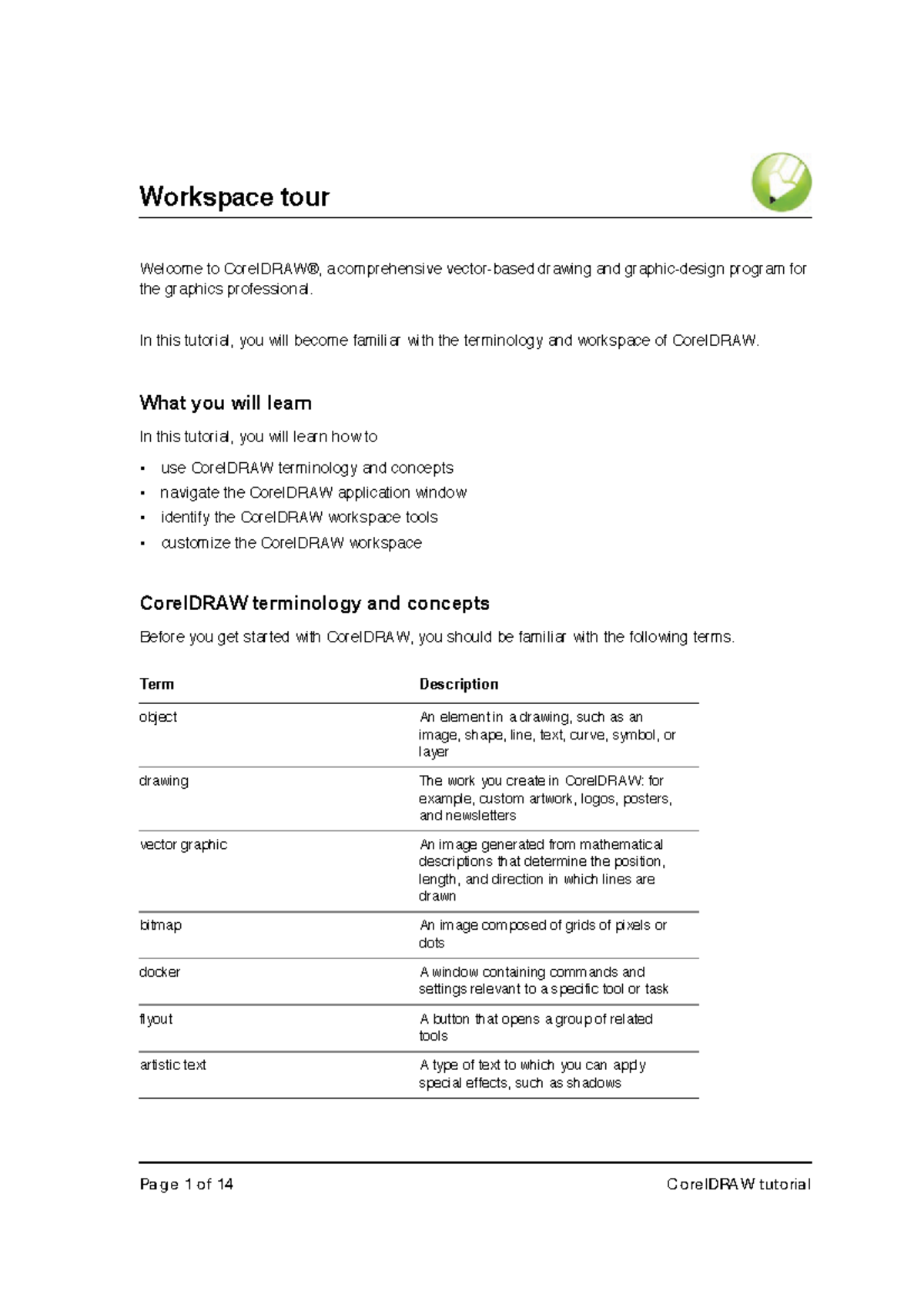 WORK Space TOUR - notes - Workspace tour Welcome to CorelDRAWÆ, a ...