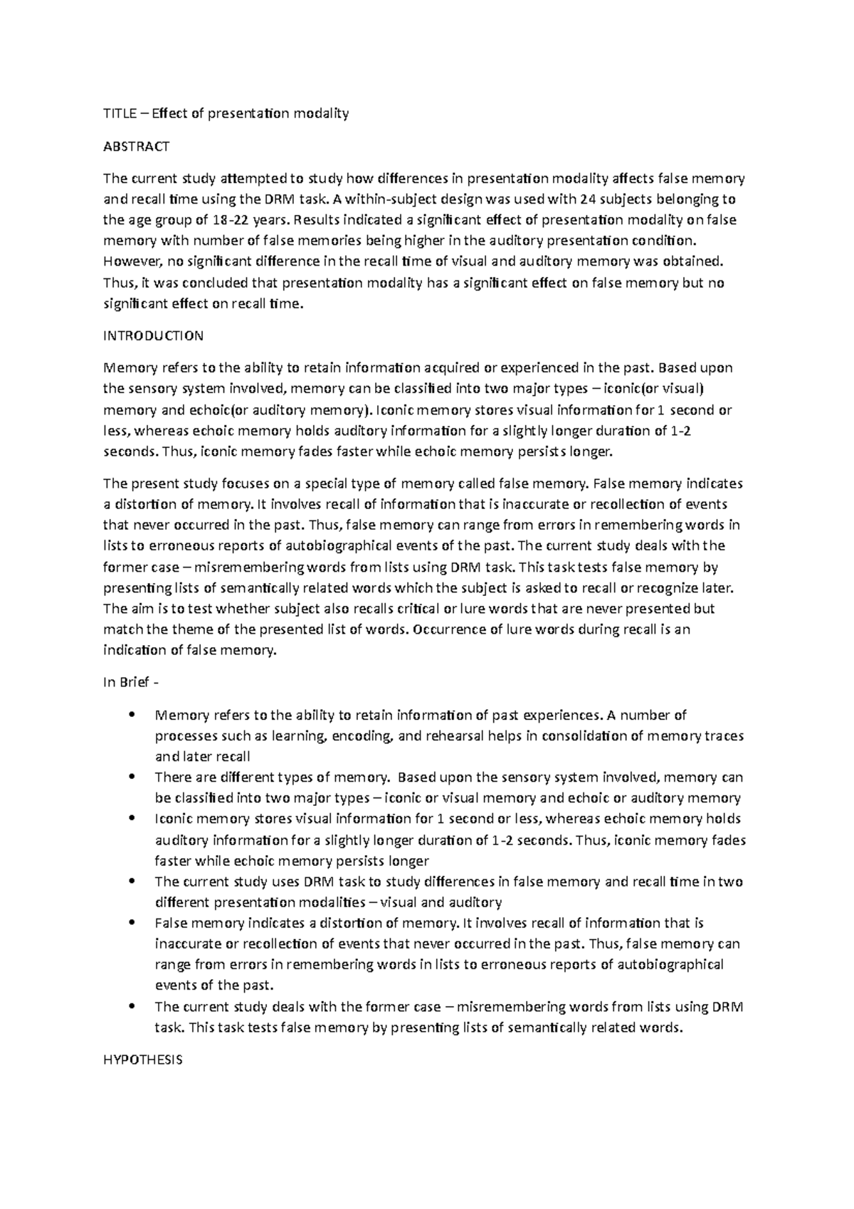Effect of presentation modality on false memory - TITLE – Effect of ...