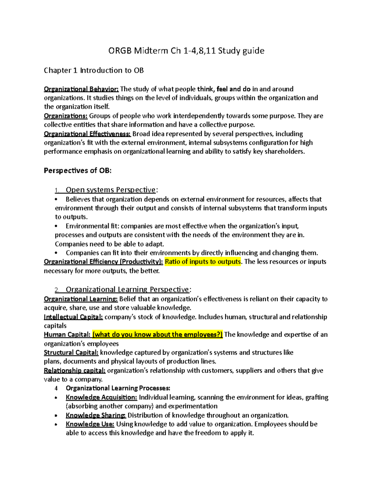 ORGB midterm study guide - ORGB Midterm Ch Study guide Chapter 1 ...