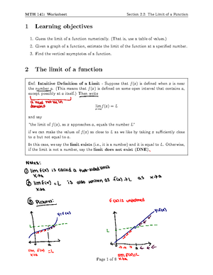 College Calculus MTH141 Practice Materials Exercises - L$ ,fREl Ml!{A* ...