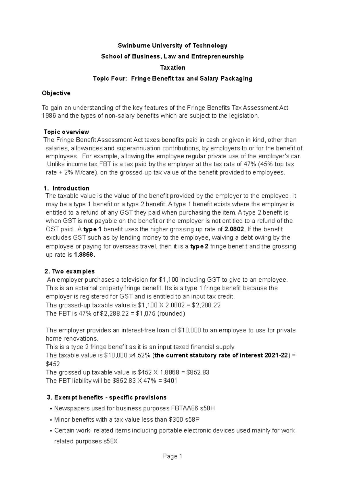 Topic 4 FBT and salary packaging materials and questions 2022