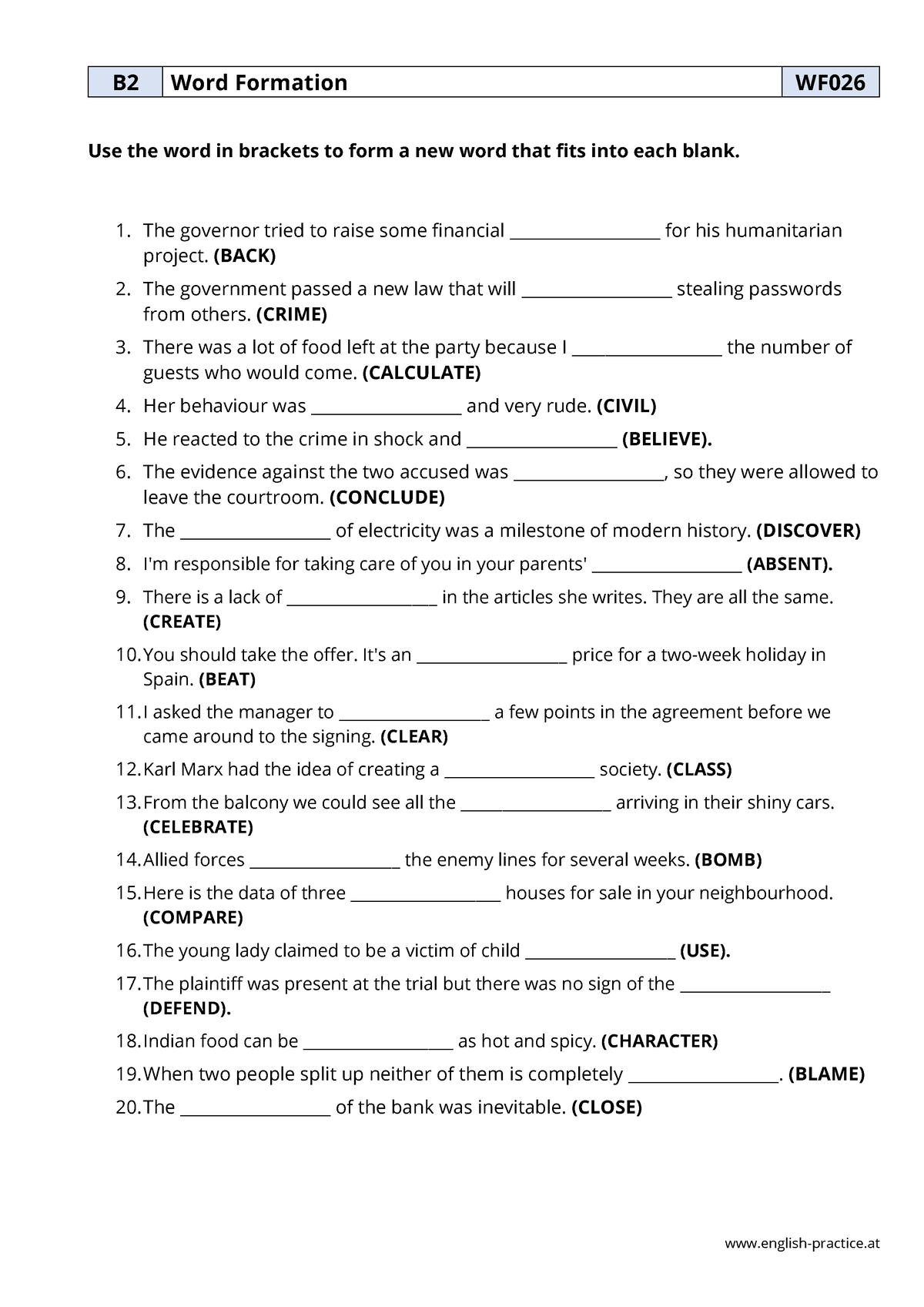 Wf026-word-formation - English-practice B2 Word Formation WF Use The ...