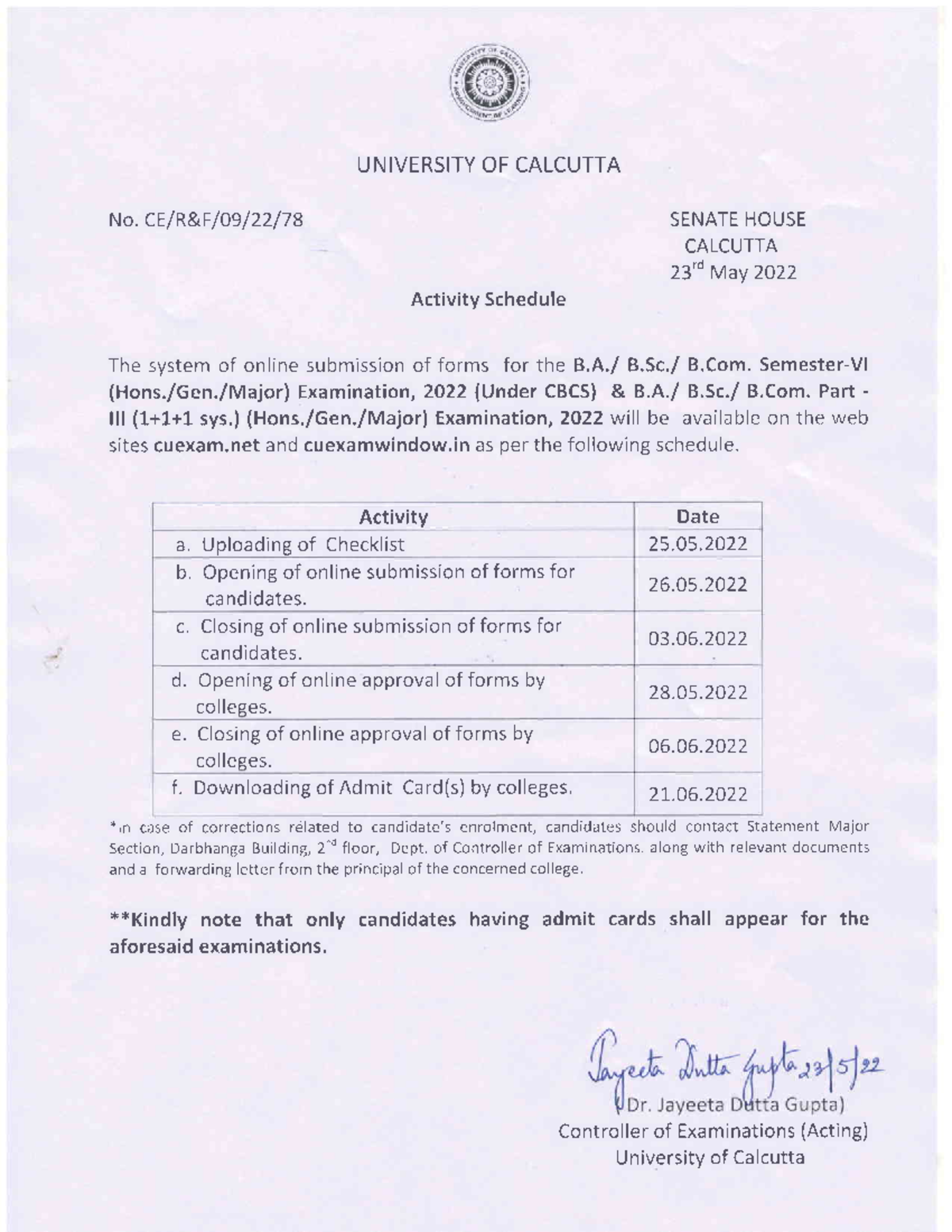 Notice CE R&F 09 22 78 - Bhj - UNIVERSITY OF CALCUTTA No. CElR&Floe/22/ ...