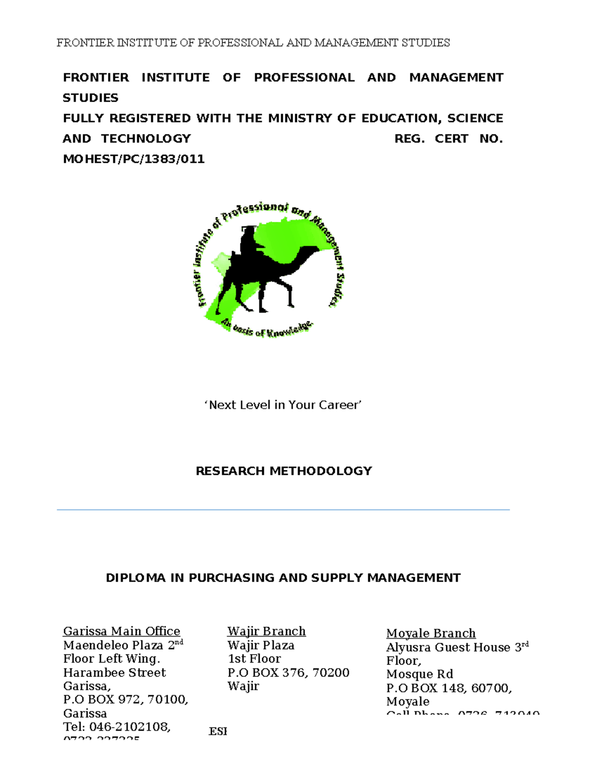 DCC 2101 Research Methodology - FRONTIER INSTITUTE OF PROFESSIONAL AND ...