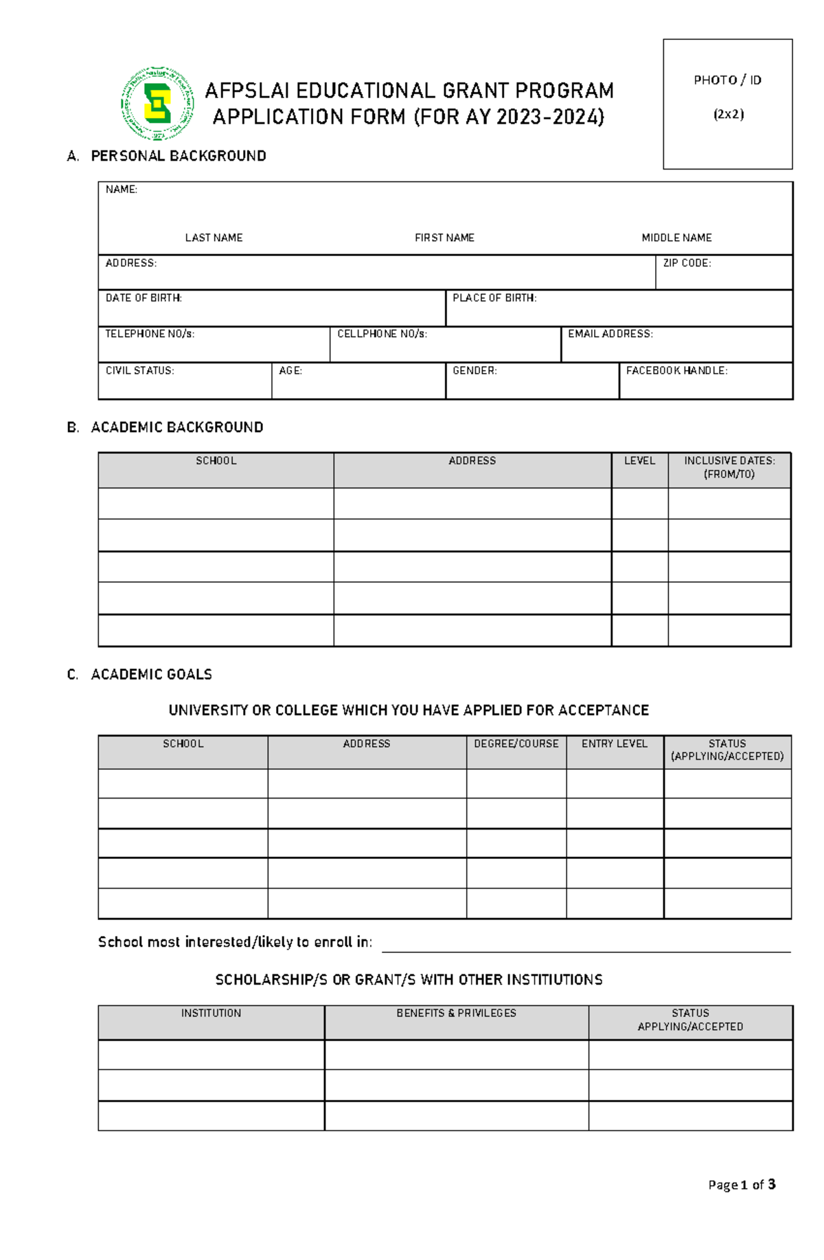 EGP Application form AY 2023-2024 - Page 1 of 3 AFPSLAI EDUCATIONAL ...