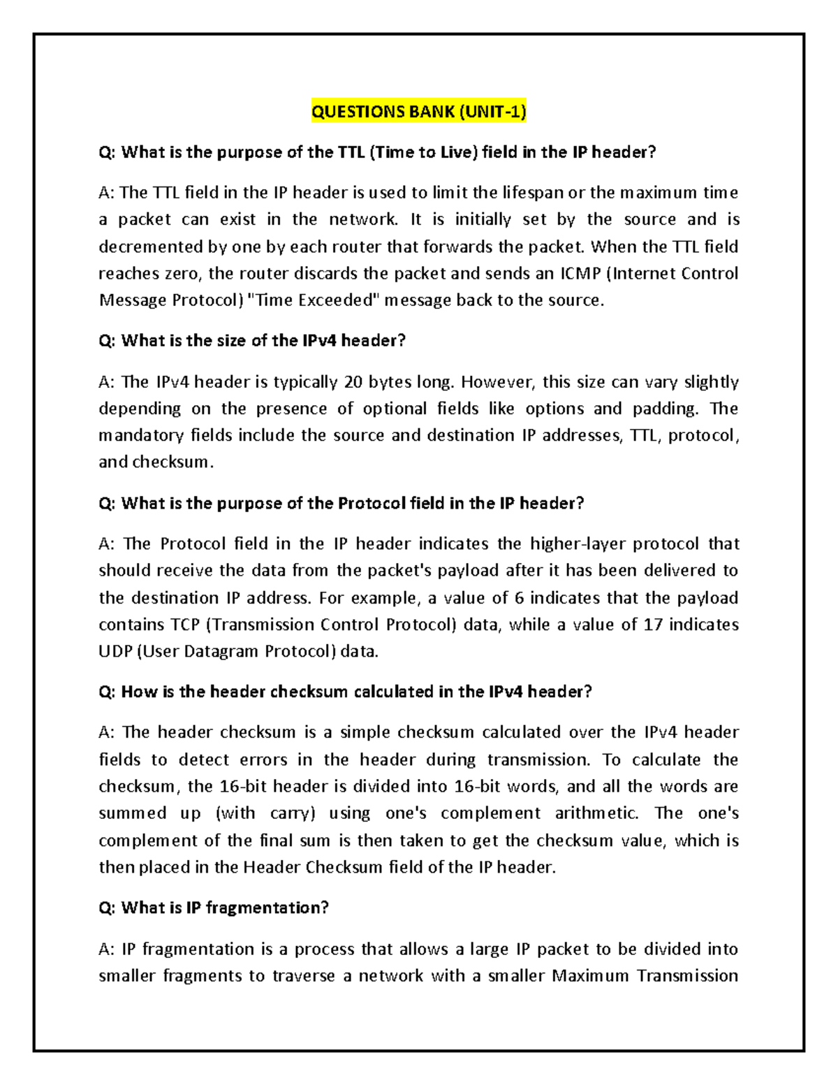 Questions BANK (UNIT1) QUESTIONS BANK (UNIT1) Q What is the