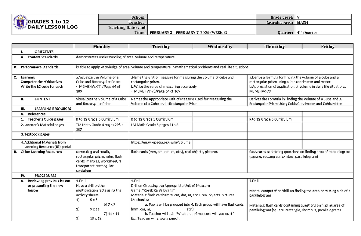 Grade 5 DLL MATH 5 Q4 Week 3 - GRADES 1 to 12 DAILY LESSON LOG School ...