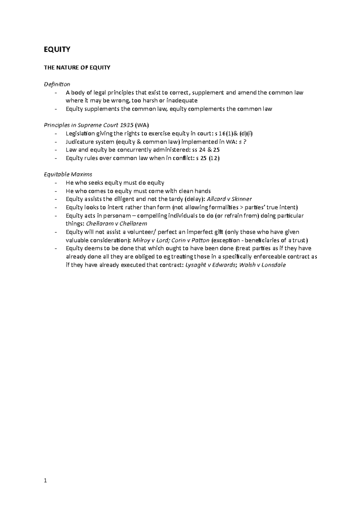 Equity Exam Notes - EQUITY THE NATURE OF EQUITY Definition A body of ...