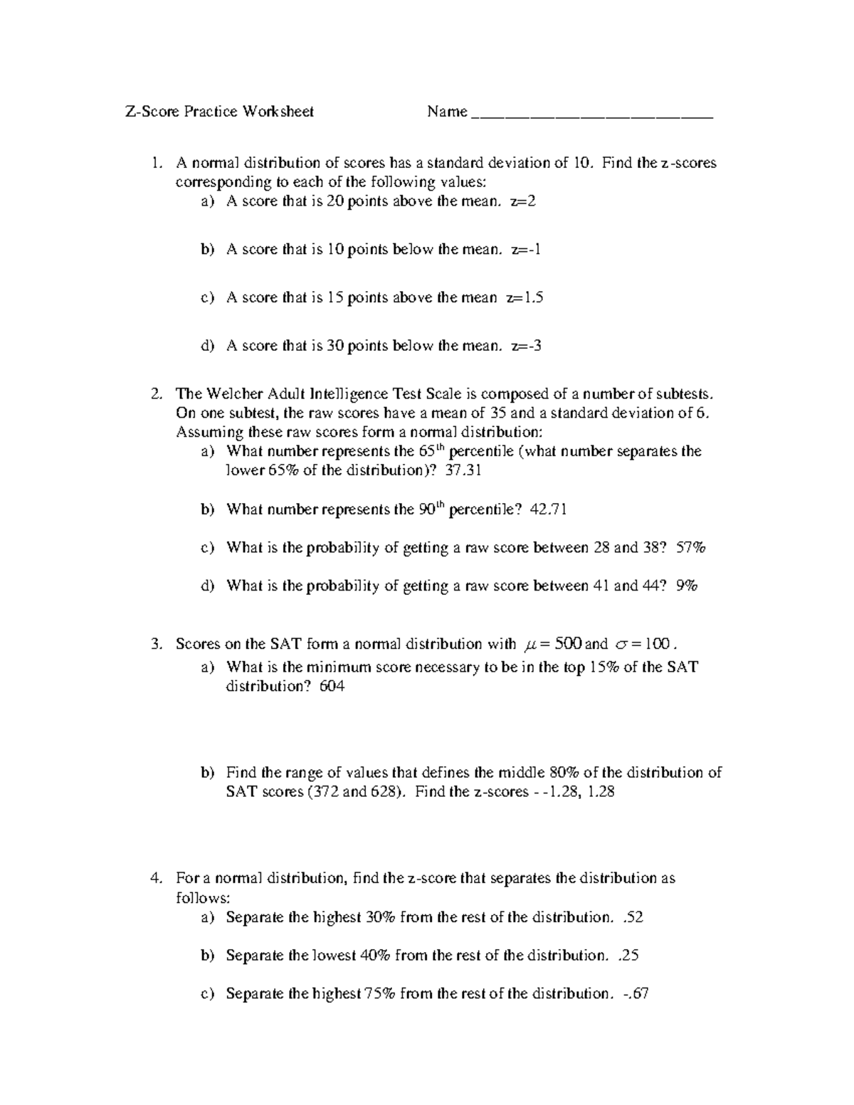 Z score Worksheet Z Score Practice Worksheet Name