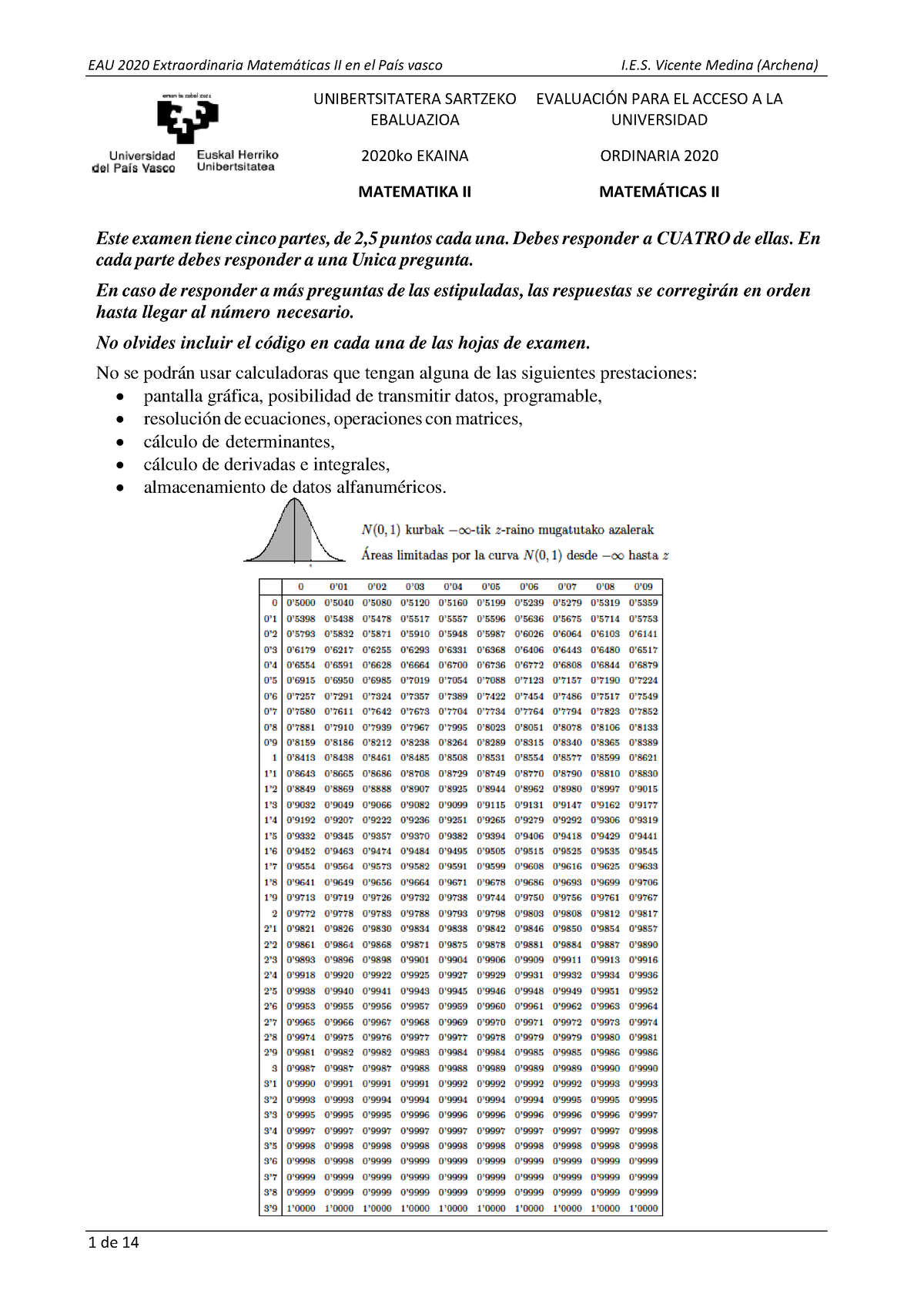 Examen Resuelto EBAU Matematicas II 2020 - Pais Vasco - Convocatoria ...