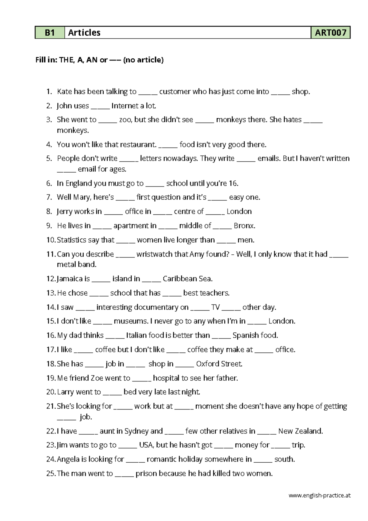Definite AND Indefinite Article - english-practice B1 Articles ART 007 ...