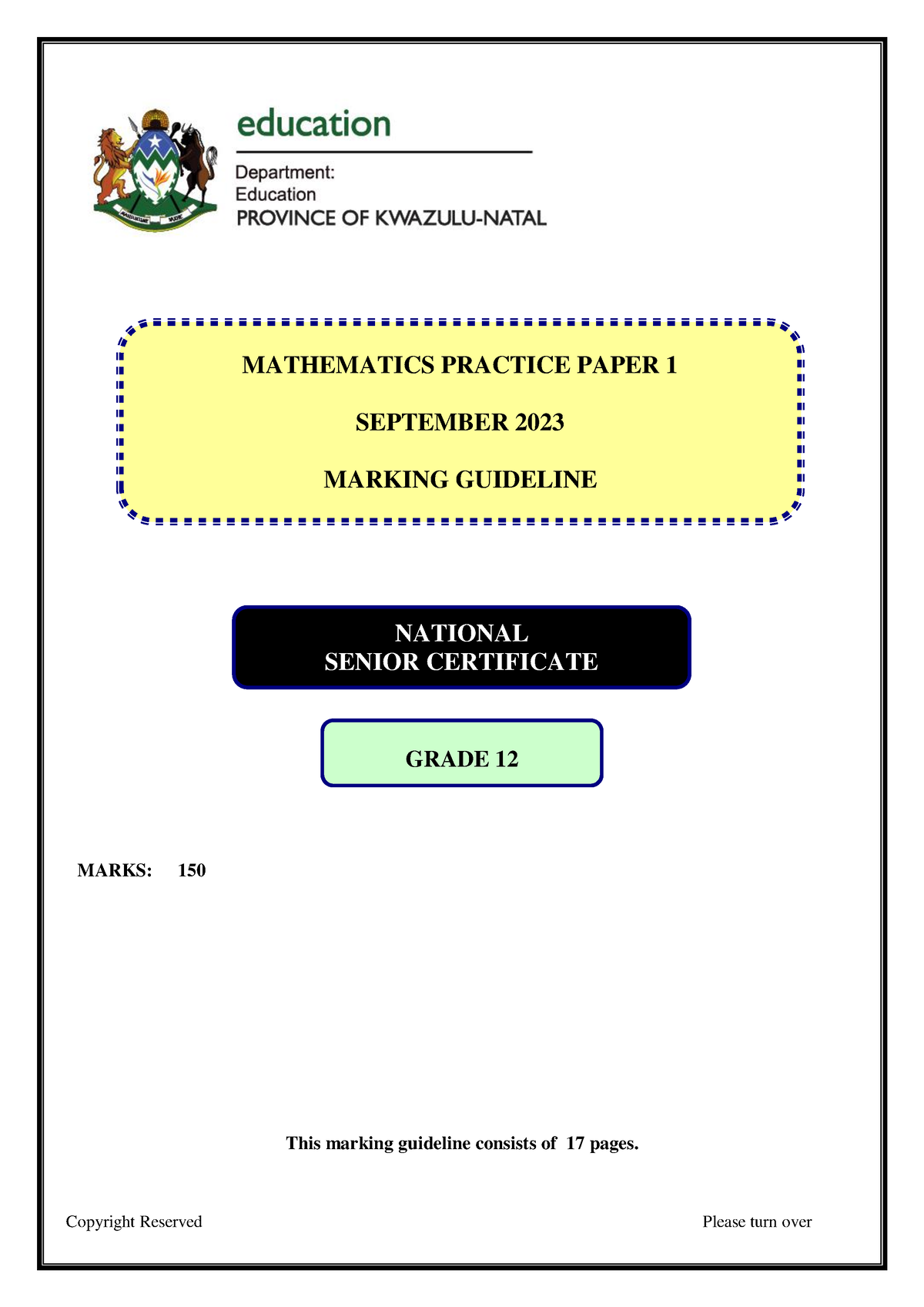 KZN Practice P1 Sept 2023 Memo MARKS 150 This marking guideline