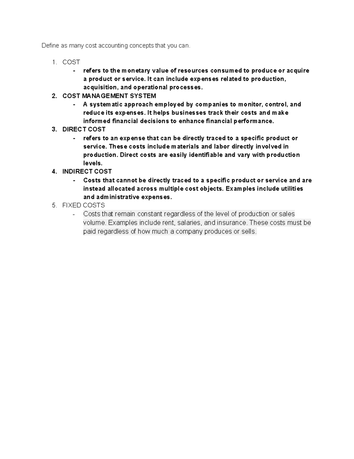 Assignment #1 [Cost Acco] - Define as many cost accounting concepts ...