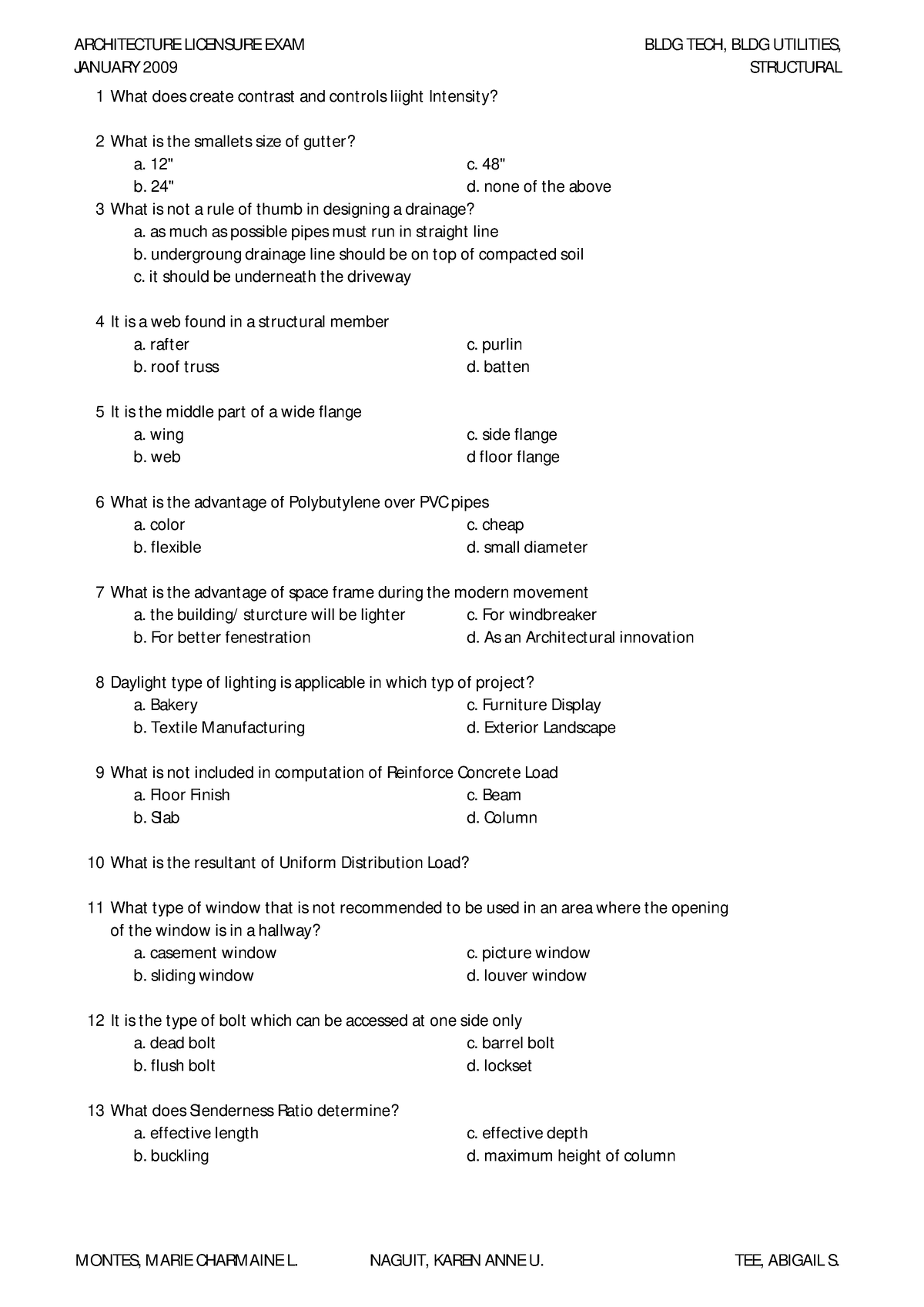 Board Exam January 2009 BT - JANUARY STRUCTURAL 1 2 a. 12