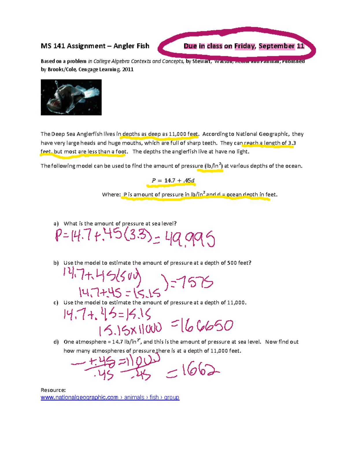 Angler fish PDF - MS 141 Assignment – Angler Fish Due in class on ...