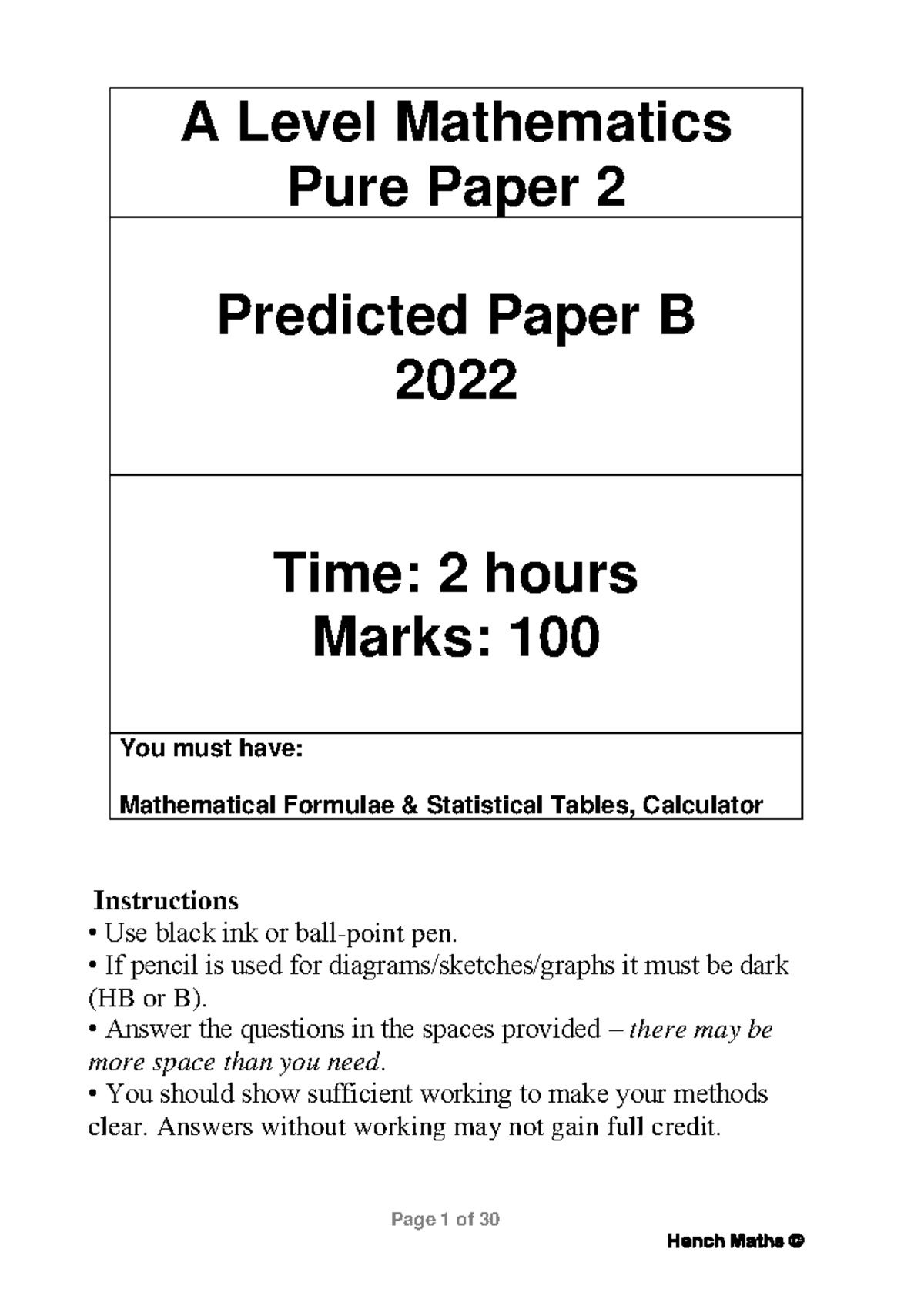 A Level Maths Pure 2 Predicted Paper B Hench Maths - Page 1 of 30 A ...