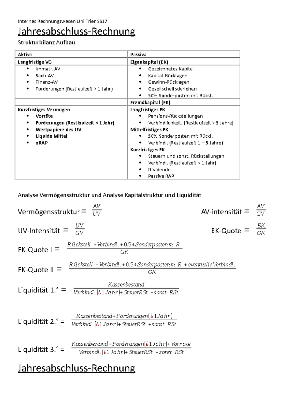 Internes Rechnungswesen Formeln - Internes Rechnungswesen Uni Trier SS Jahresabschluss-Rechnung ...