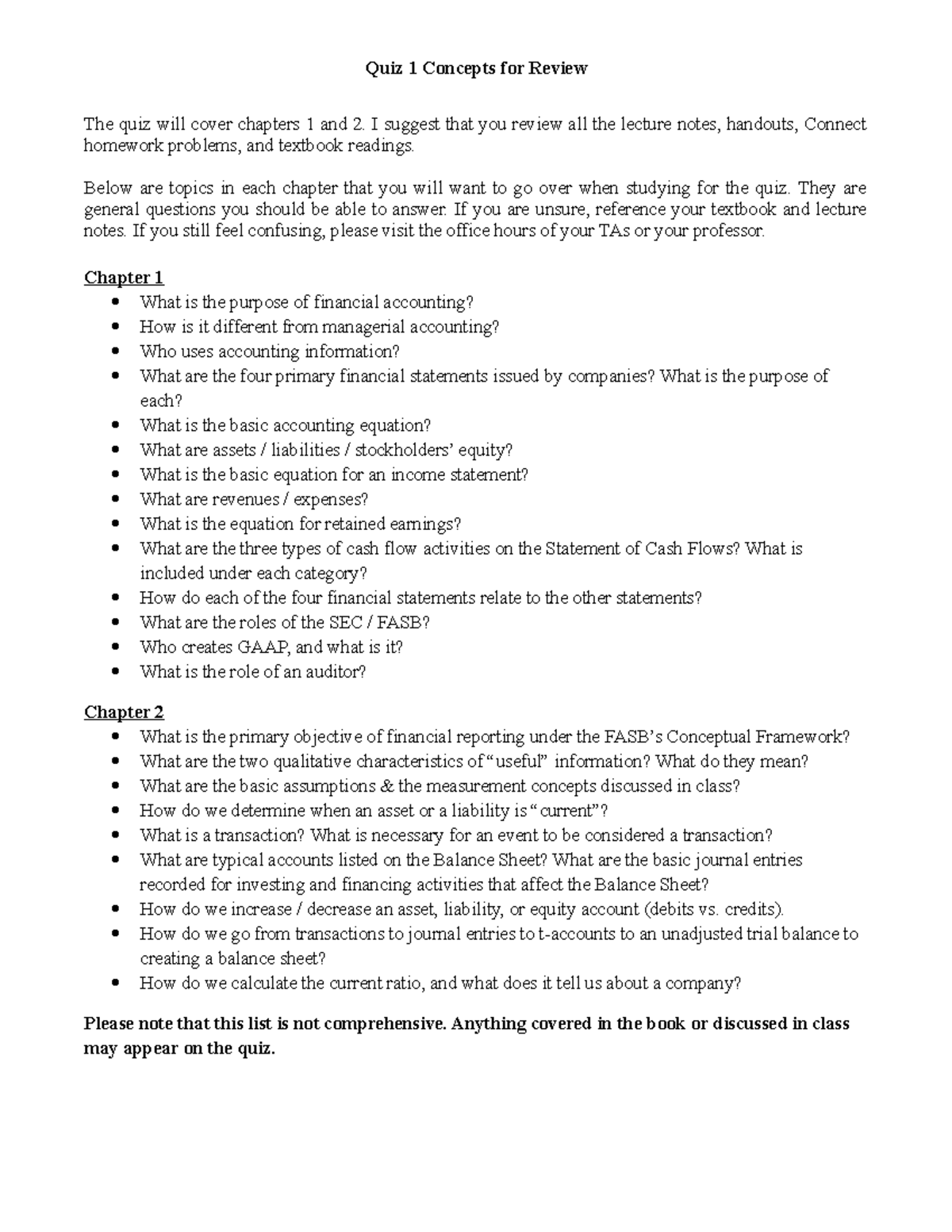 Quiz 1 Study Guide Quiz 1 Concepts for Review The quiz will cover