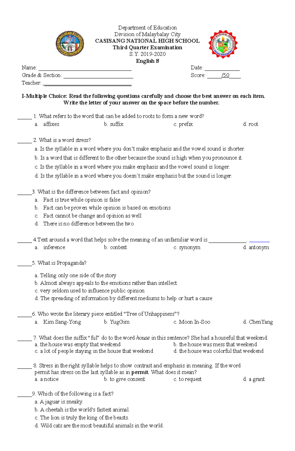 3rd Quarter Exam Worksheet Department Of Education Division Of