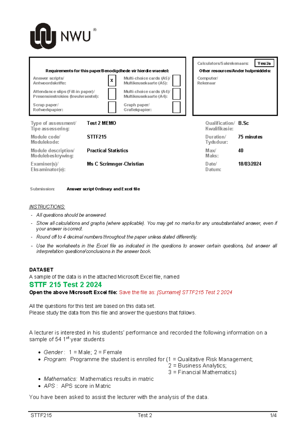 STTF 215 Test 2 memo 2024 - Calculators/Sakrekenaars: Yes/Ja ...