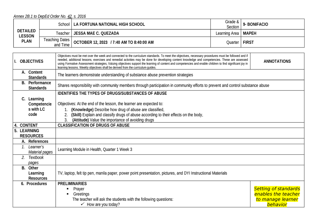 4A's DLP 1ST CO LNHS - for Observation - Annex 2B to DepEd Order No. 42 ...