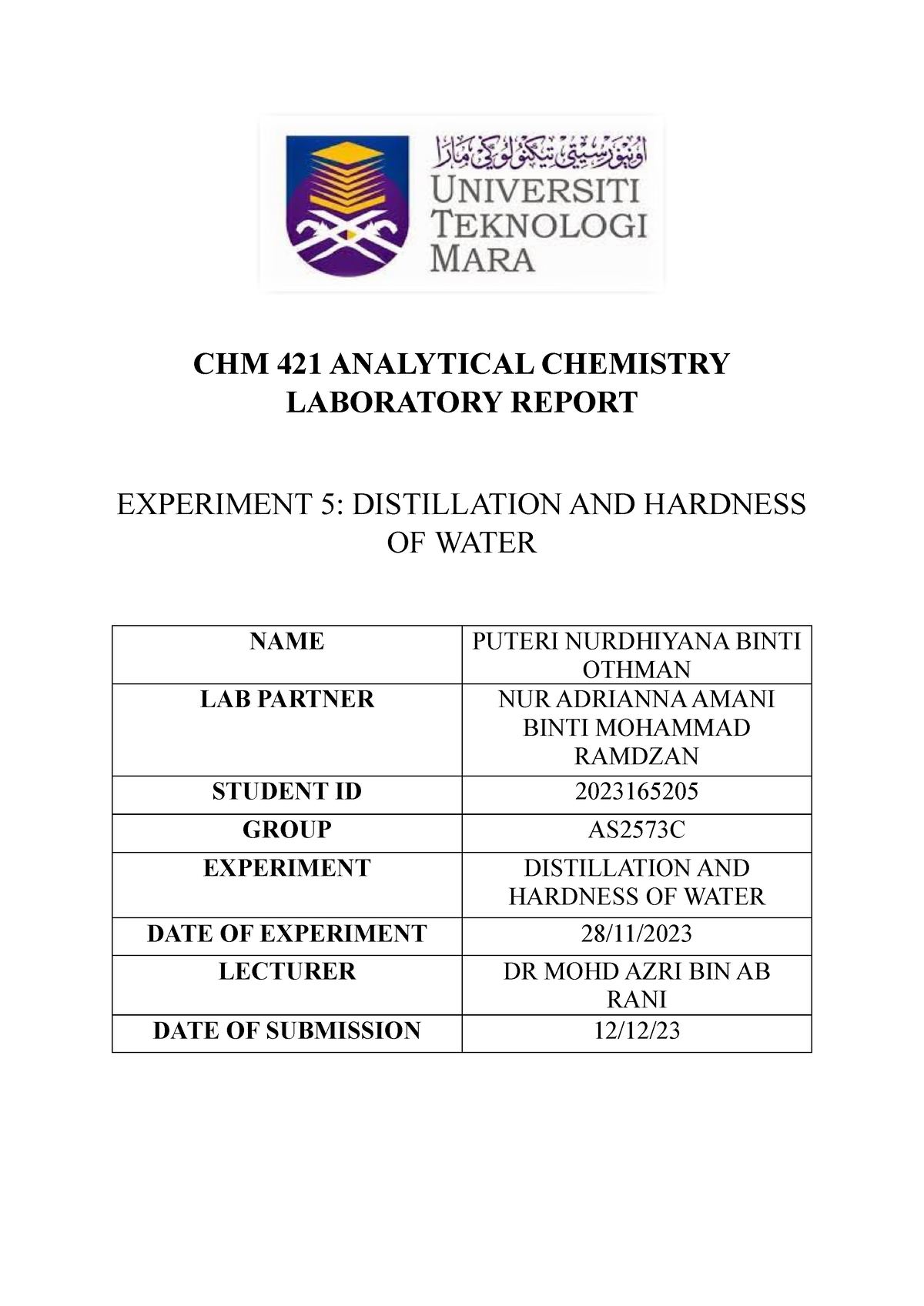 lab report experiment 5 chm421