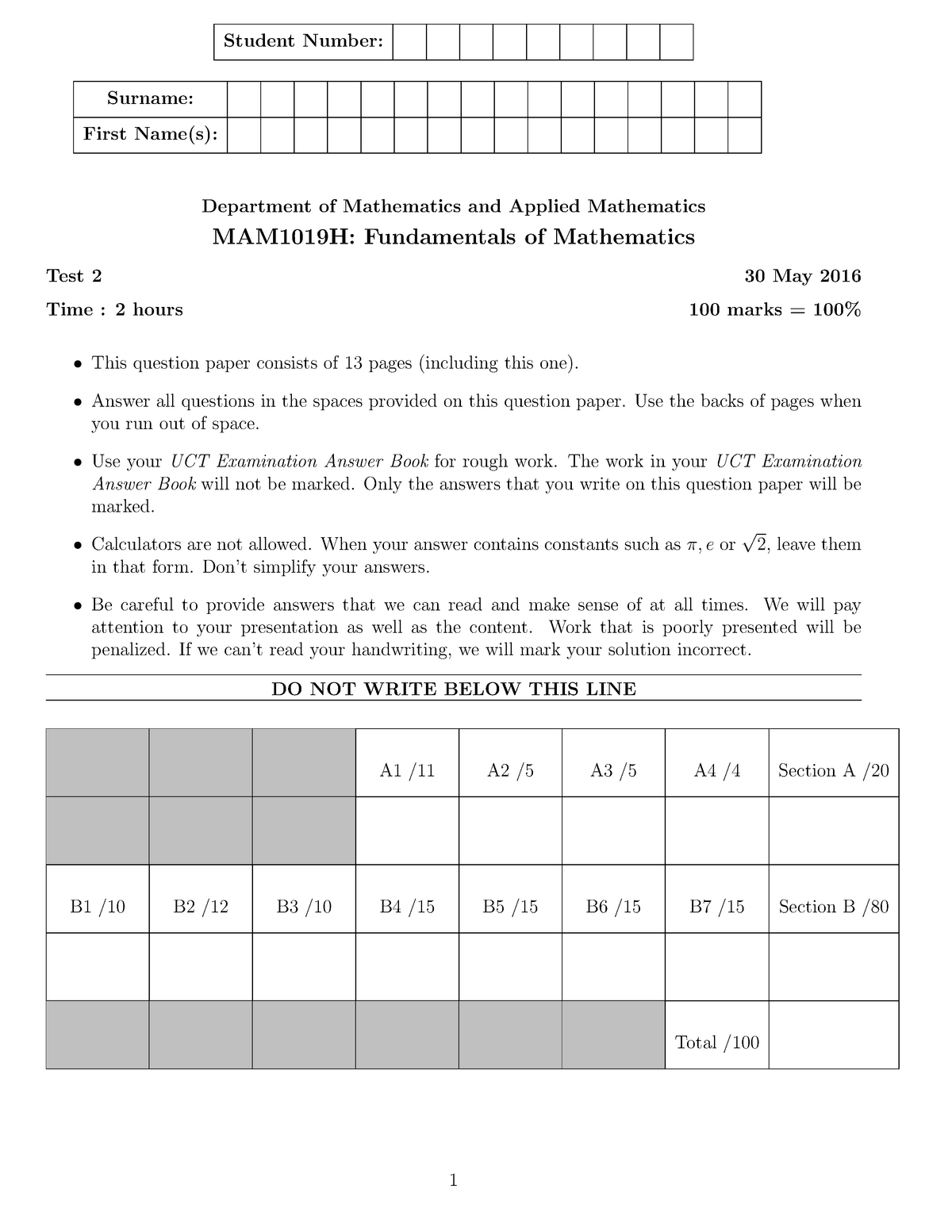 Test 13 June 2019, questions - Surname: First Name(s): Department of Sns-Brigh10