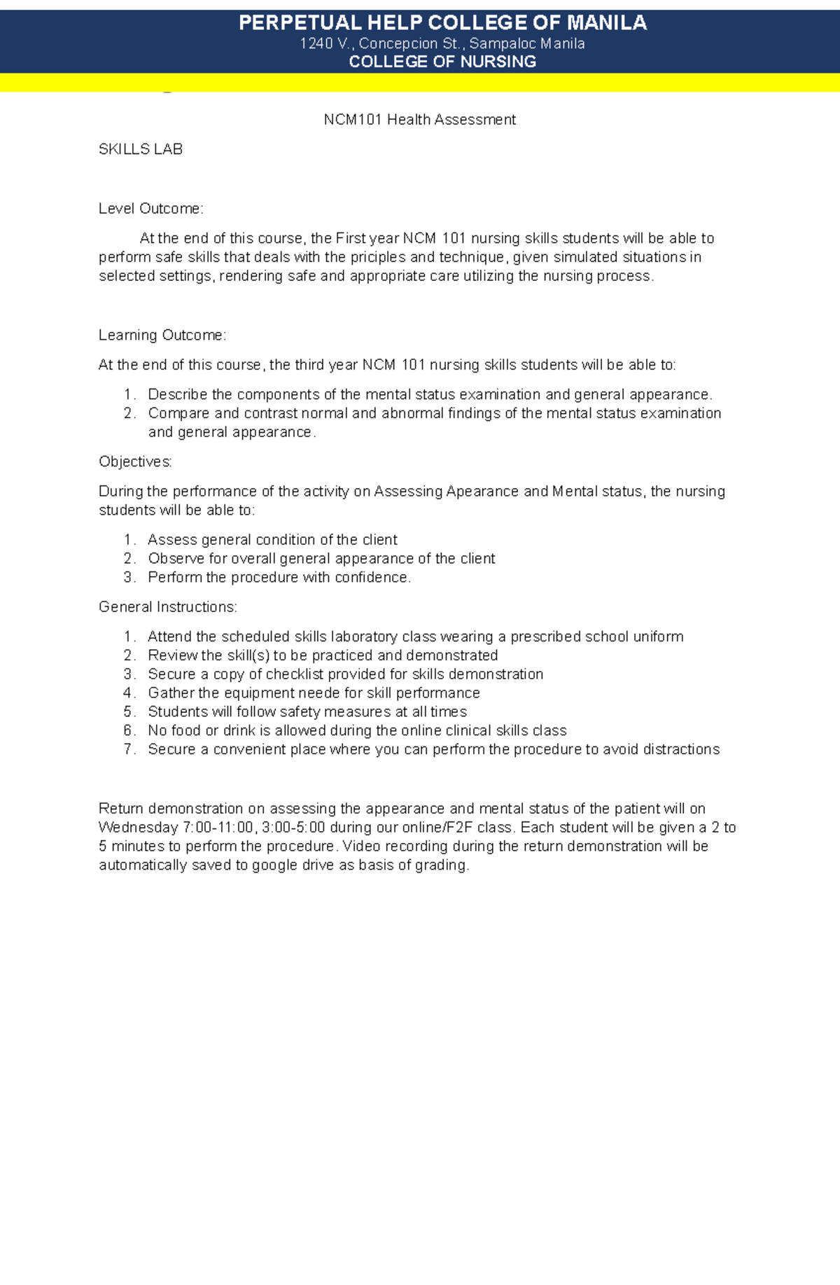 Assessing General Appearance and Mental Status Checklist PERPETUAL HELP COLLEGE OF MANILA 1240