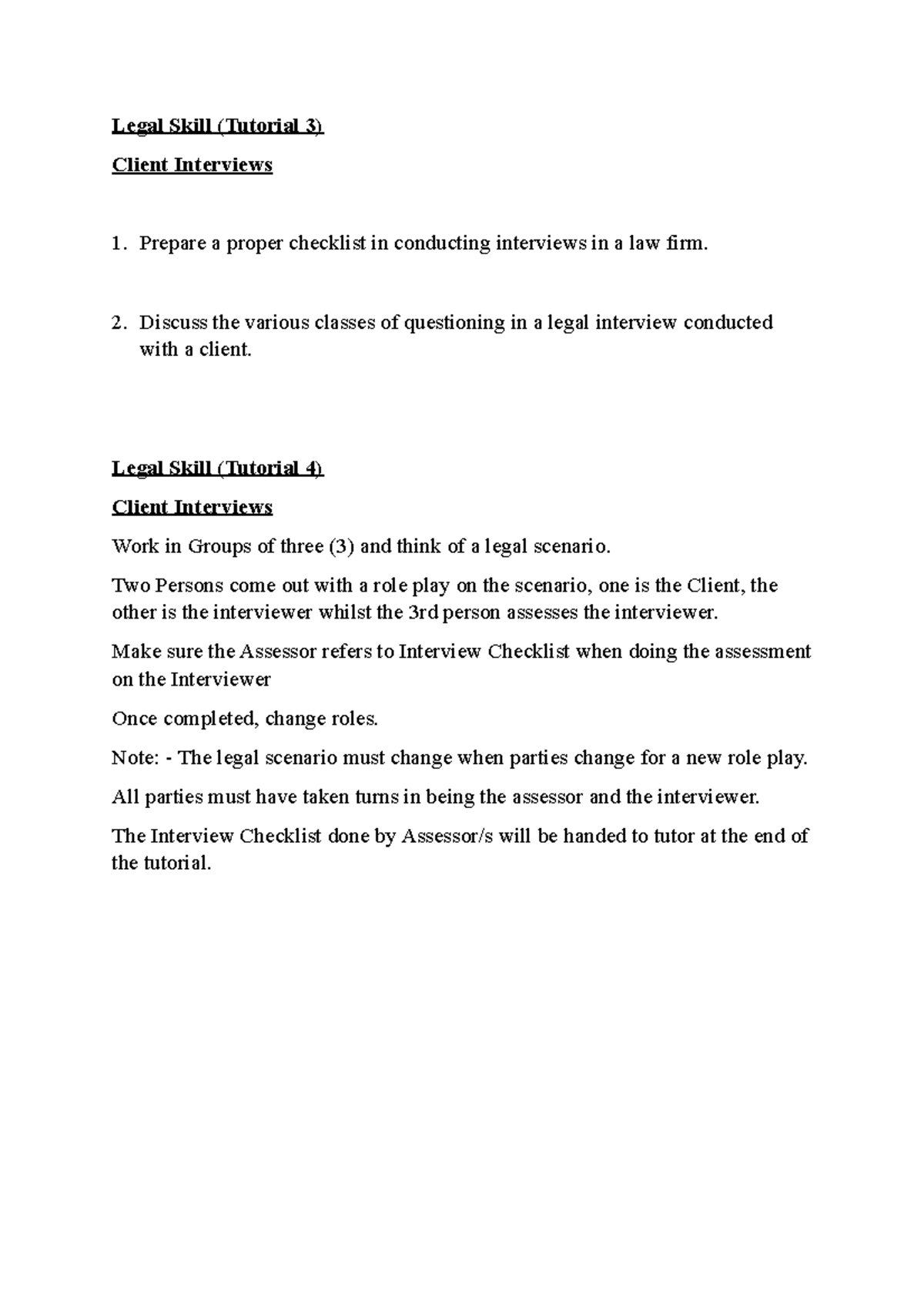 Tutorial 3 & Tutorial 4 Client Interview - Legal Skill (Tutorial 3 ...