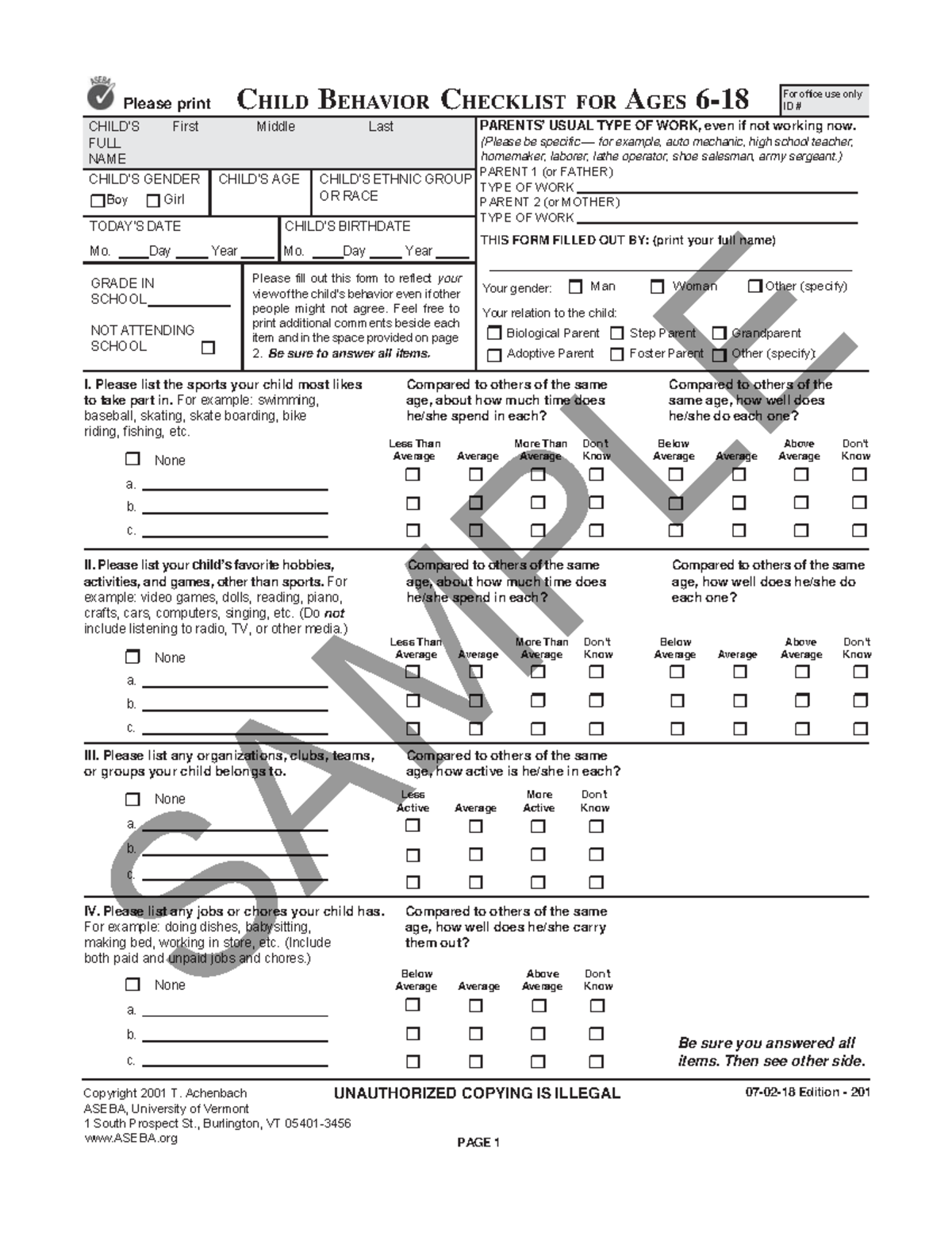 Schoolagecbcl - week 8 extra - Please print CHILD BEHAVIOR CHECKLIST ...