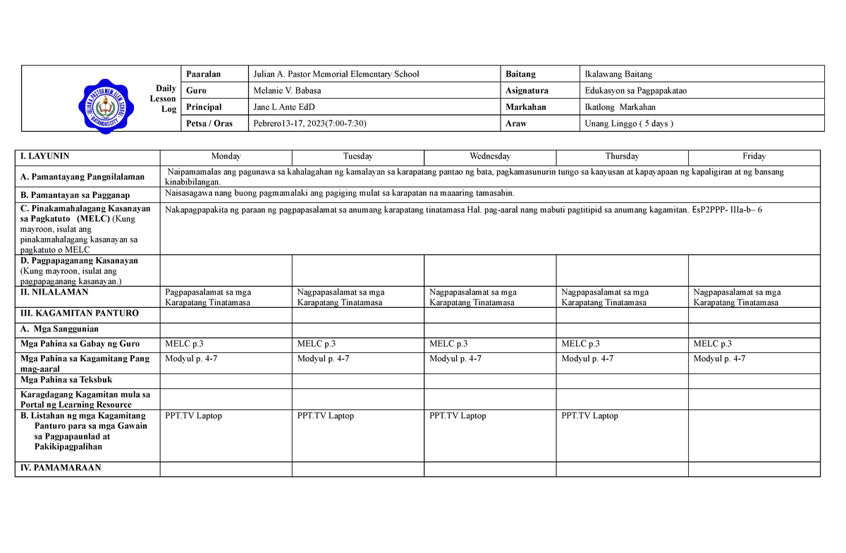 Q3 DLL Es P2 Wk 1 - Lesson Plan - Daily Lesson Log Paaralan Julian A ...