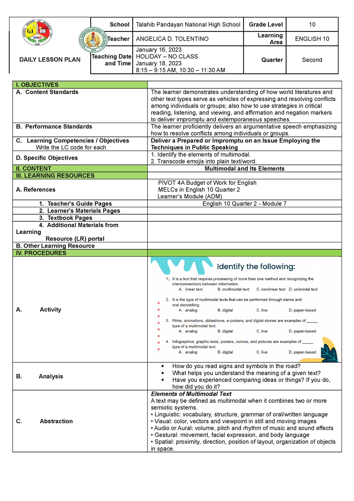 English 10 dlp NEW JAN 31 - School Talahib Pandayan National High ...