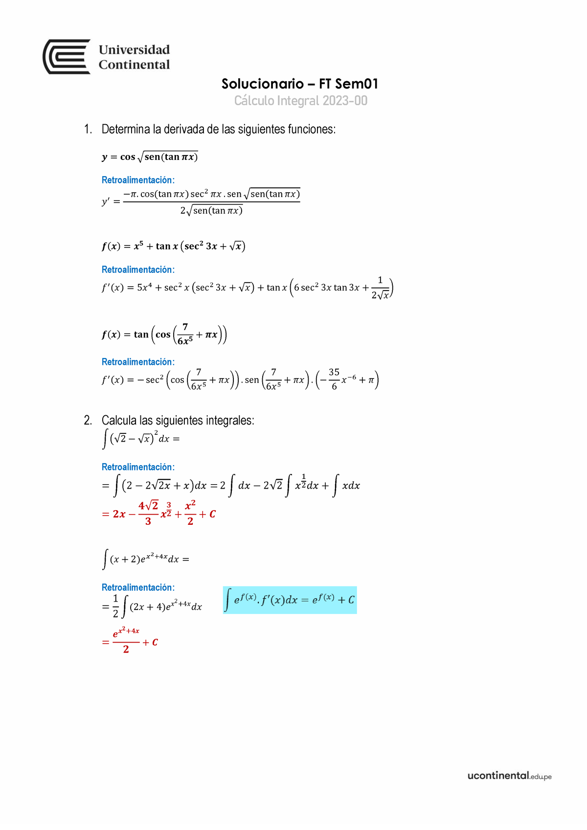 FTSP - Sem 01 - Solución - Integral Indefinida - Solucionario – FT Sem ...