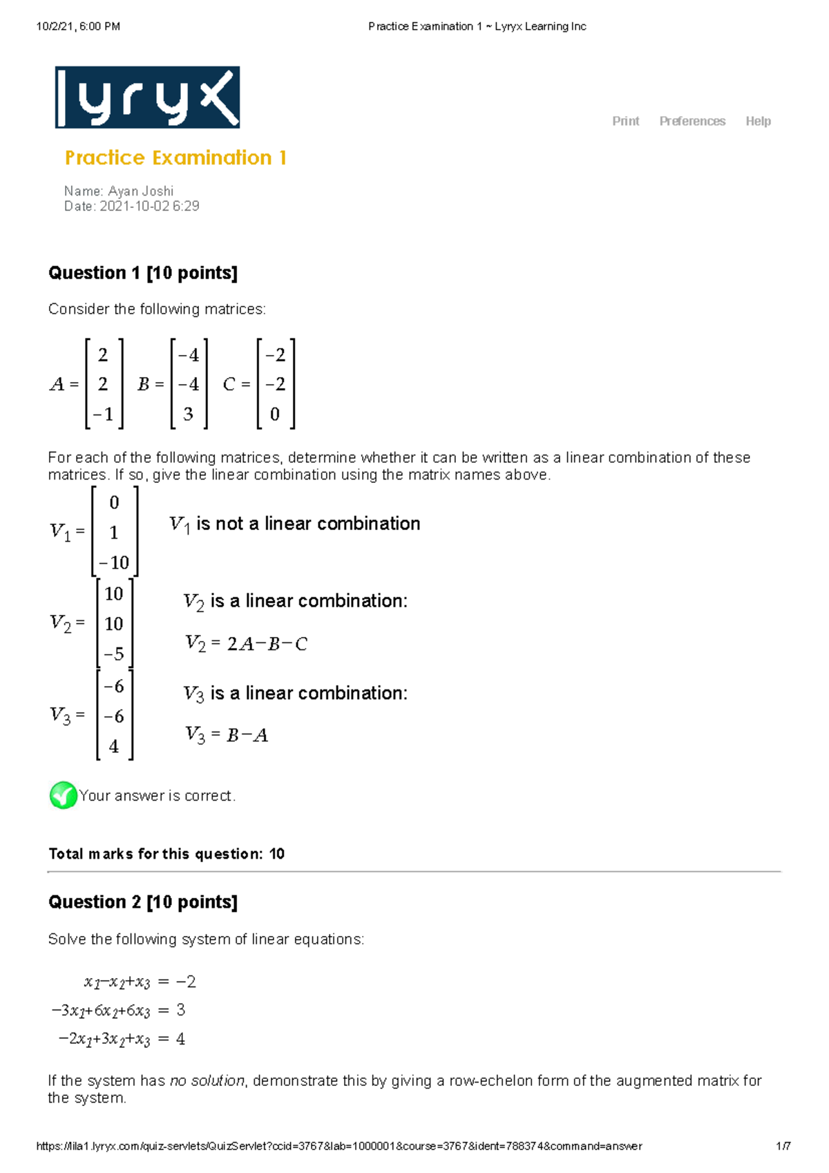 Practice Examination 1 from Lyryx App - Print Preferences Help Practice ...