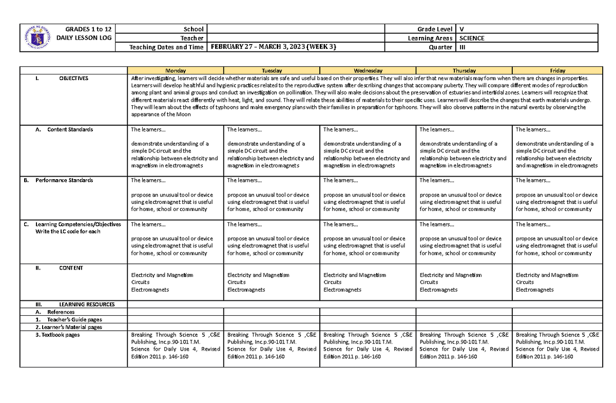 Grade 5 DLL Science 5 Q3 Week 3 - GRADES 1 to 12 DAILY LESSON LOG ...