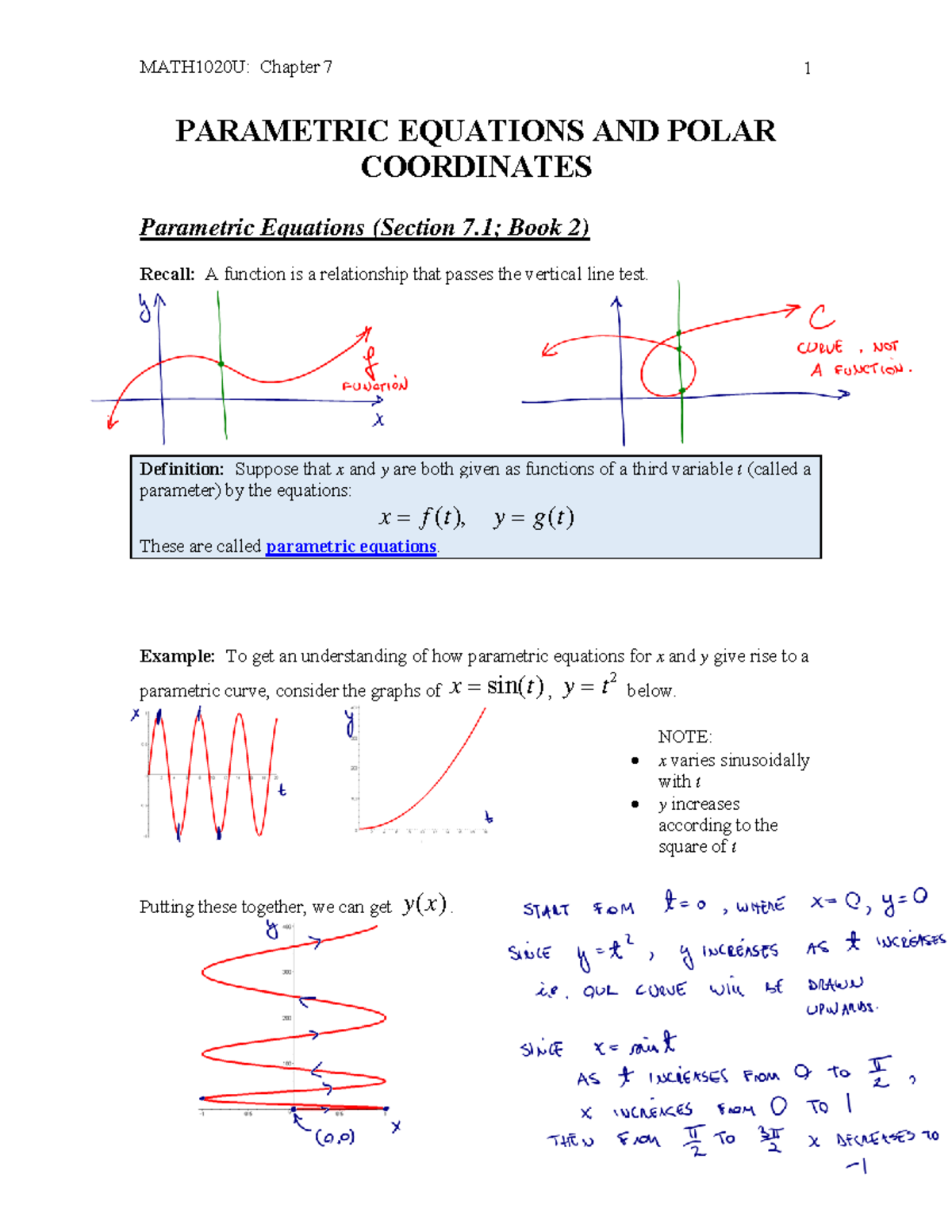 Mod6b parametric (1)mihai - MATH1020U: Chapter 7 1 PARAMETRIC EQUATIONS ...
